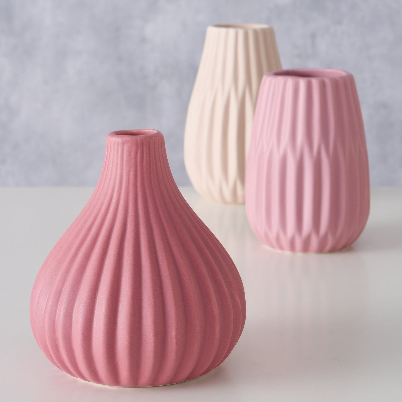 Dekovase Boltze, Blumenvase 3er-Set Wilma klein, rosa, pink-weiß