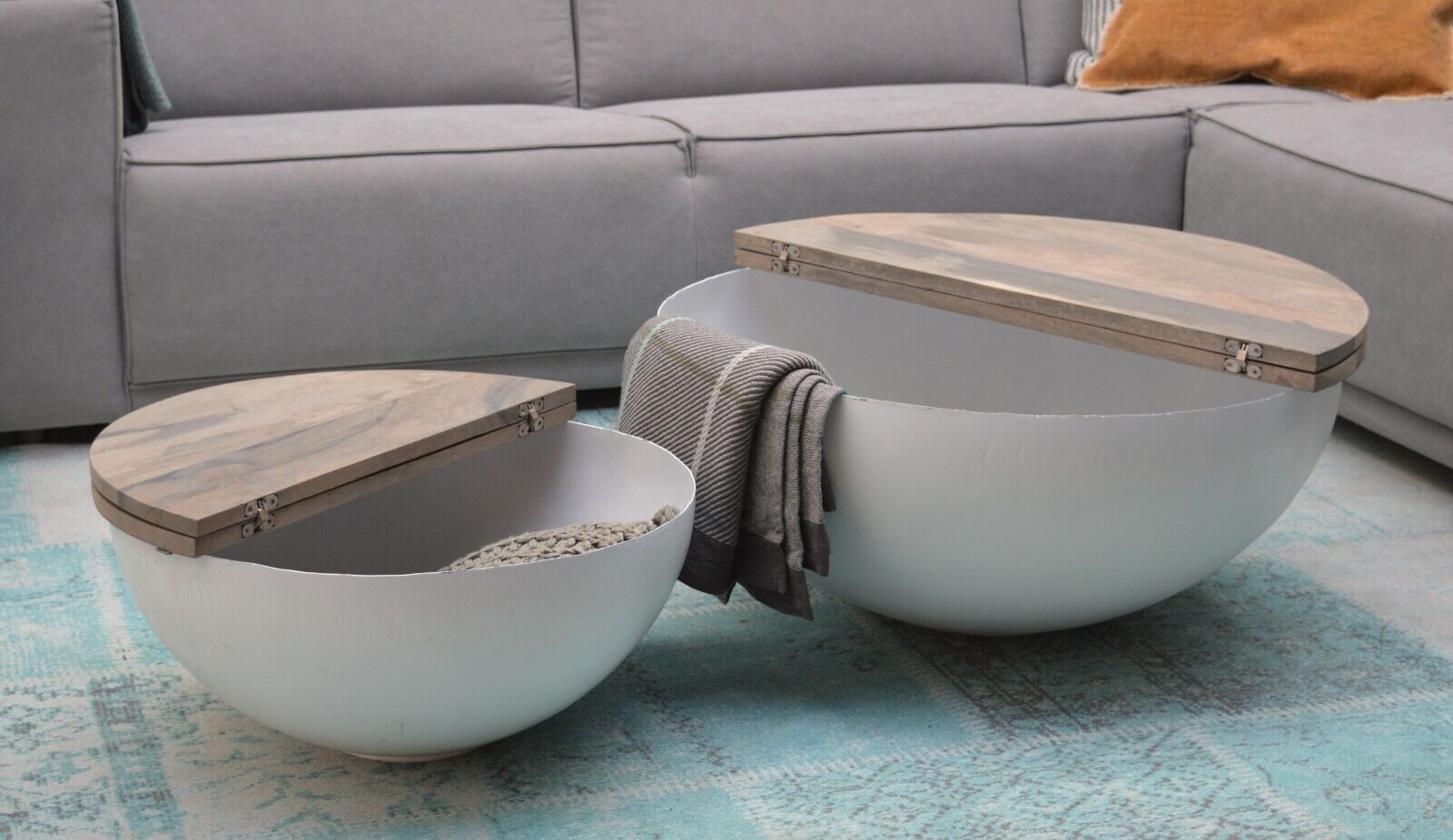 Couchcenter Couchtisch Sophie 60 cm oder 80 cm Aufklappbar Weiß Gräulich Halbkugel, Aufklappbare Tischplatte
