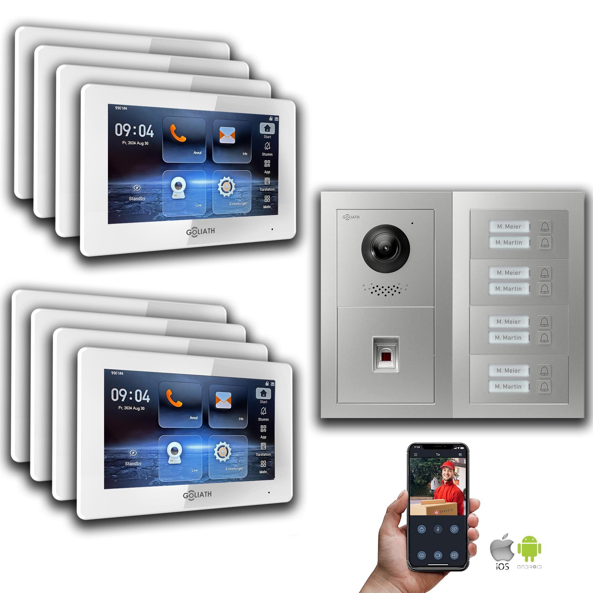 Goliath Intercom Video-Türsprechanlage Goliath IP Video Türsprechanlage: 7-Zoll 8 Familienhaus, Fingerprint, (Privat oder Gewerblich)