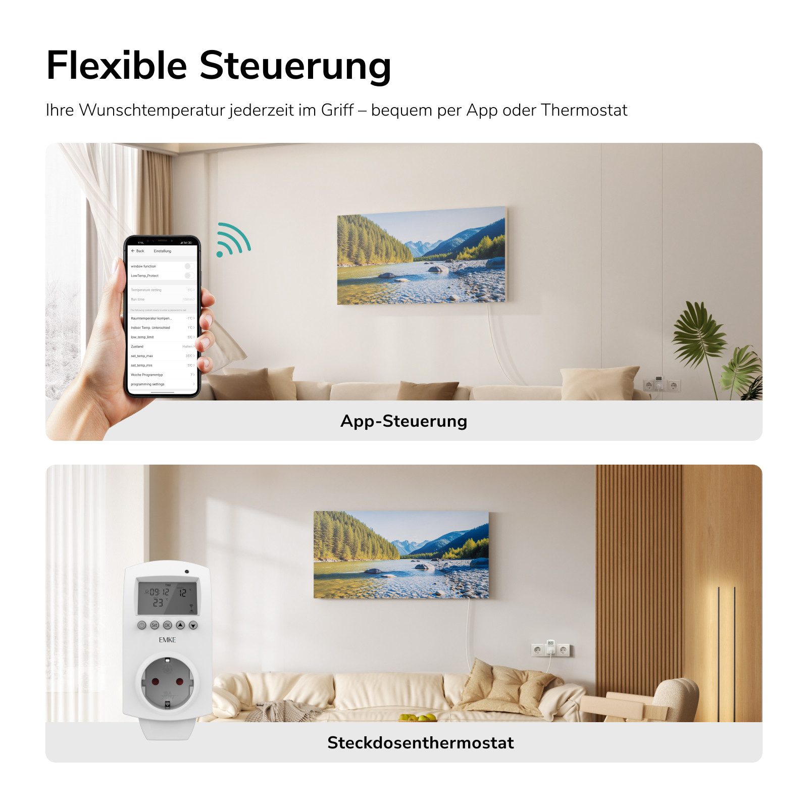 EMKE Infrarotheizung Elektroheizung, mit WLAN Smart Thermostat, App-Steuerung, 1200 W, Wandmontage, Überhitzungsschutz, Infrarot-Heizung – Bild 4 von 5