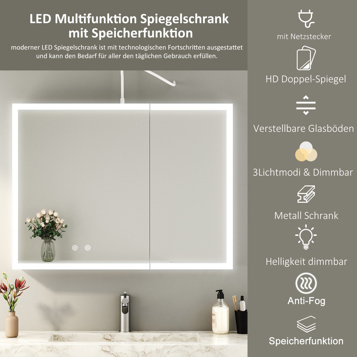WDWRITTI Spiegelschrank Weiß Metall Badezimmerspiegelschrank mit Beleuchtung 80x60cm (Badschrank Weiss matt 2-türig, mit innen spiegel) Lichtfarben & Helligkeit einstellbar, mit Netzstecker, vormontiert