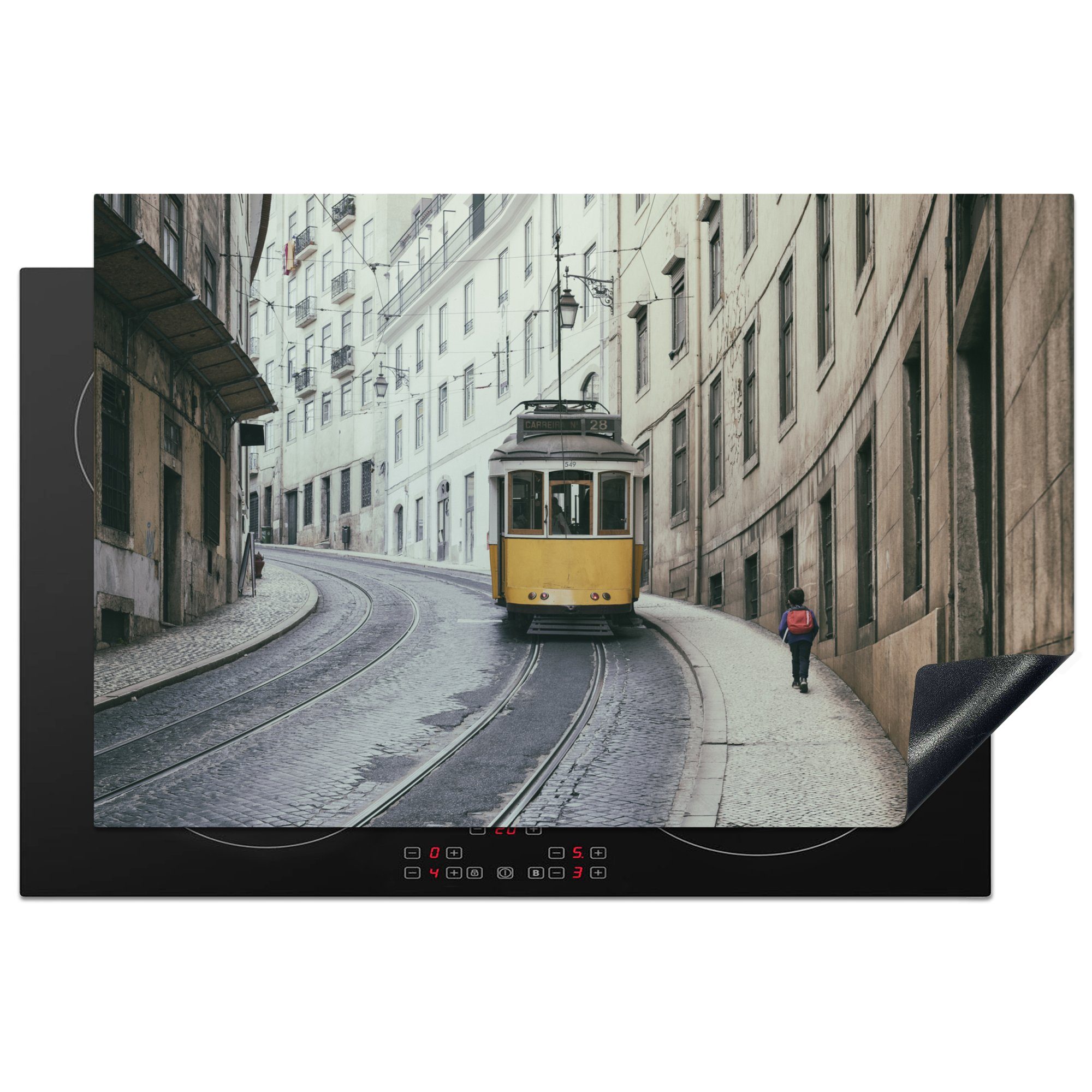 MuchoWow Herdblende-/Abdeckplatte Vinyl, die hinauf, Lissabon fährt für Ceranfeldabdeckung Schutz küche, steilen die tlg), Straßen Straßenbahn Induktionskochfeld 81x52 cm, (1 Die von gelbe