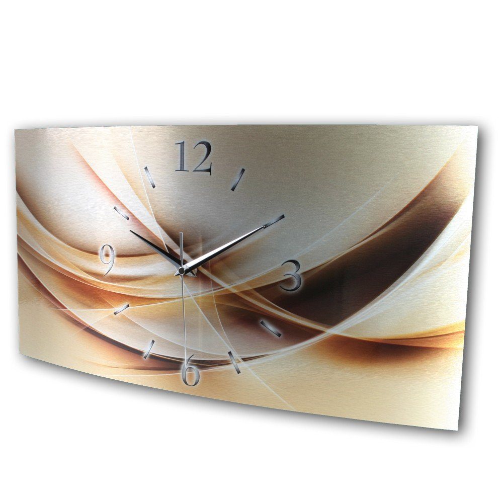 Kreative Feder Funkwanduhr 3D Design-Wanduhr "Abstrakt Gold" aus gebürstetem Aluminium (ohne Ticken; flüsterleises Funkuhrwerk; außergewöhnlich, modern)