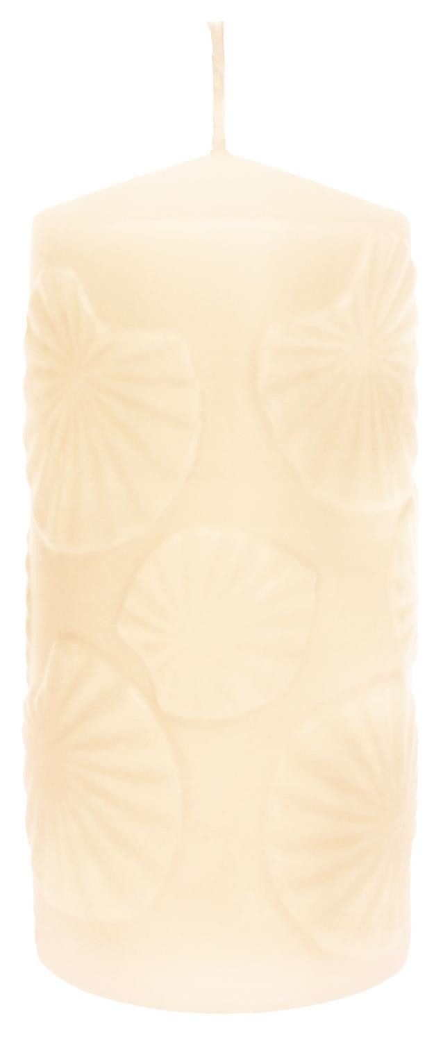 INNA-Glas Stumpenkerze Blockkerze ANDRIANE mit Seerosenblatt Motiv, creme, 15cm, Ø7cm, 63h