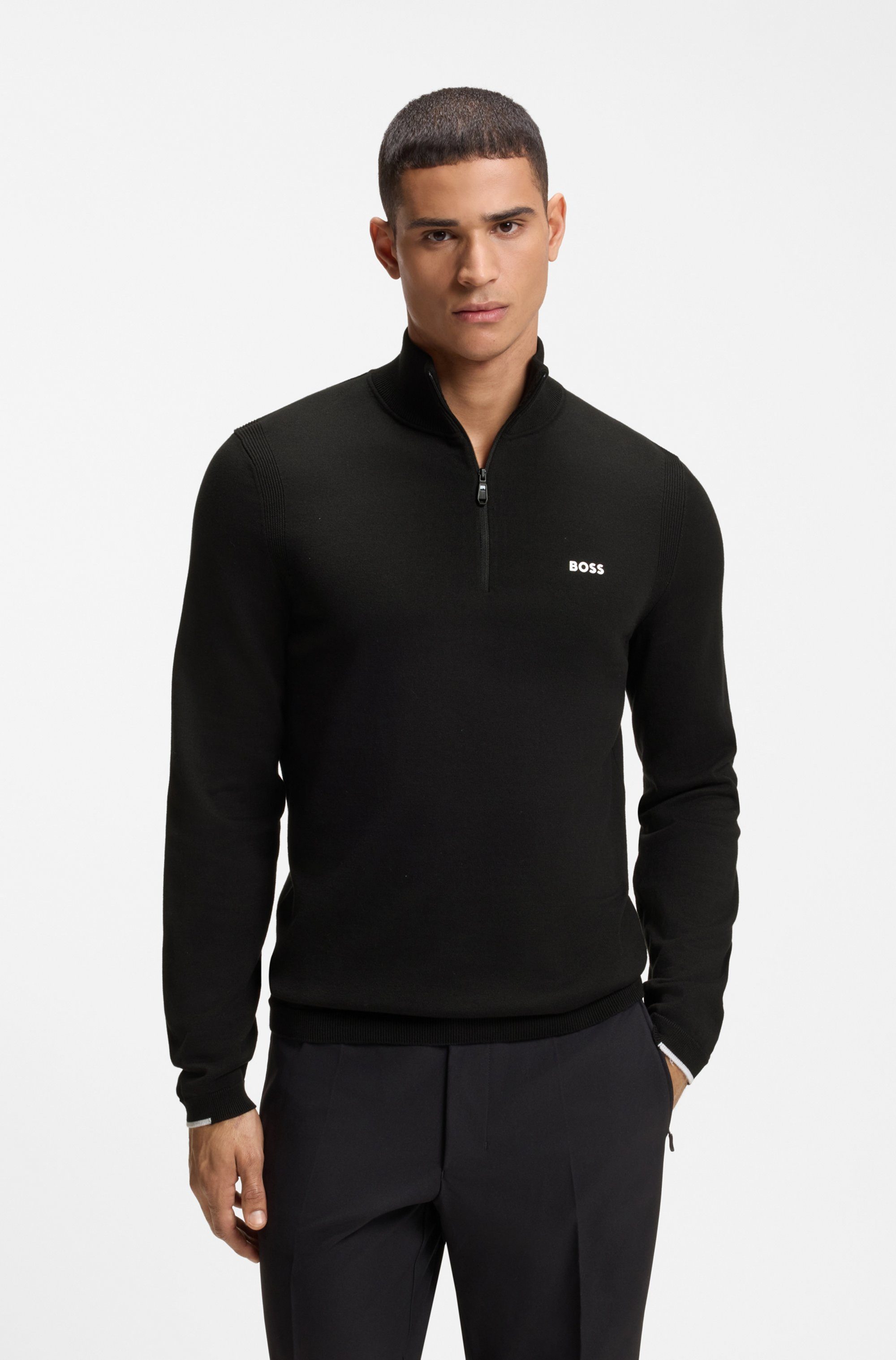 BOSS GREEN Strickpullover Stehkragen mit Reißverschluss, Regular fit, Logo-Print