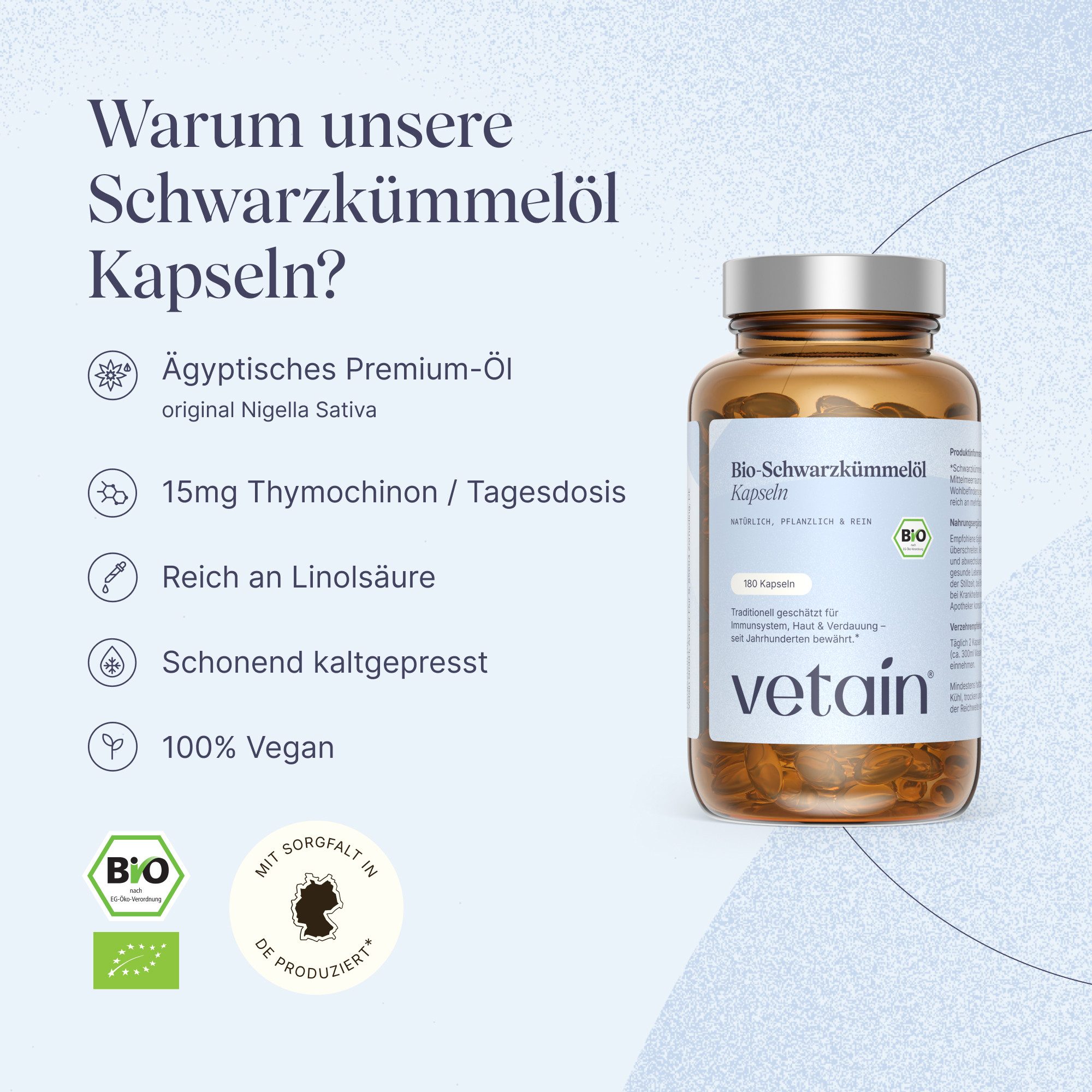 VETAIN Bio Schwarzkümmelöl Kapseln - original Nigella sativa - Flüssigkapseln, 120 St., 72 g, Kaltgepresst, rein pflanzlich, allergenfrei & ohne Zusätze