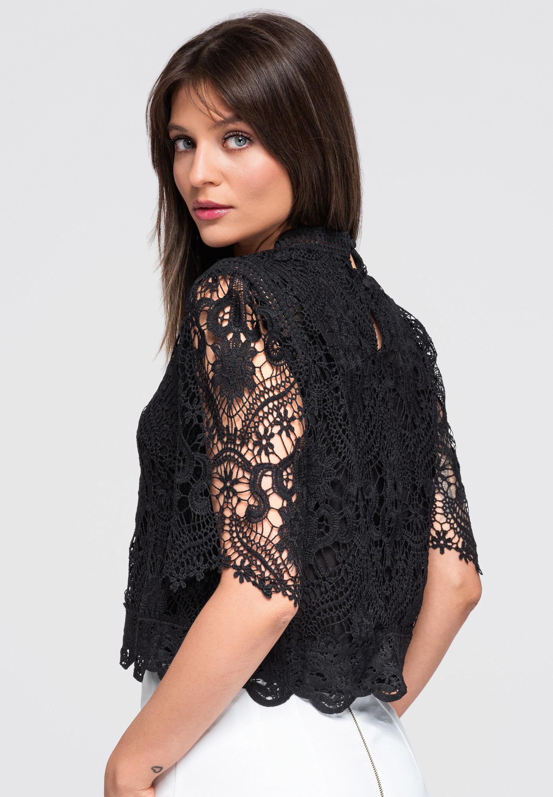 OMBRE Blusentop Damen Bluse mit transparenter Spitze Elegant Schwarz S (kein Set, 1-tlg)