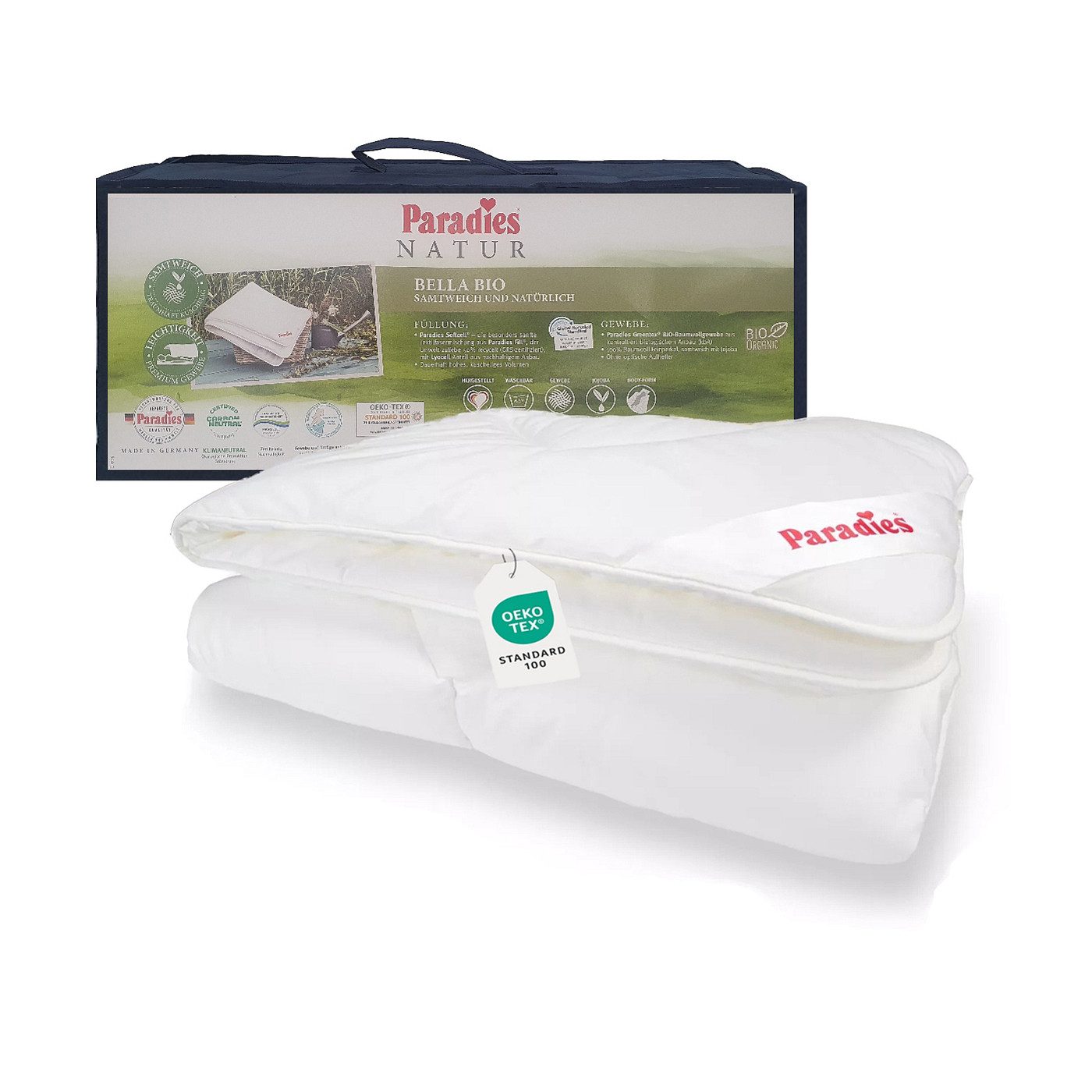 Paradies Kunstfaserbettdecke Paradies Sommer Bettdecke Bella Bio sommerleicht Sommerdecke 135x200, Füllung: Paradies Softcell Fasertechnologie für dauerhaft bauschiges Volumen, 80% Polyester (50% recycled), 20% Lyocell, Bezug: 100% Bio- Baumwolle, Klimaneutrale Herstellung, GRS zertifiziert