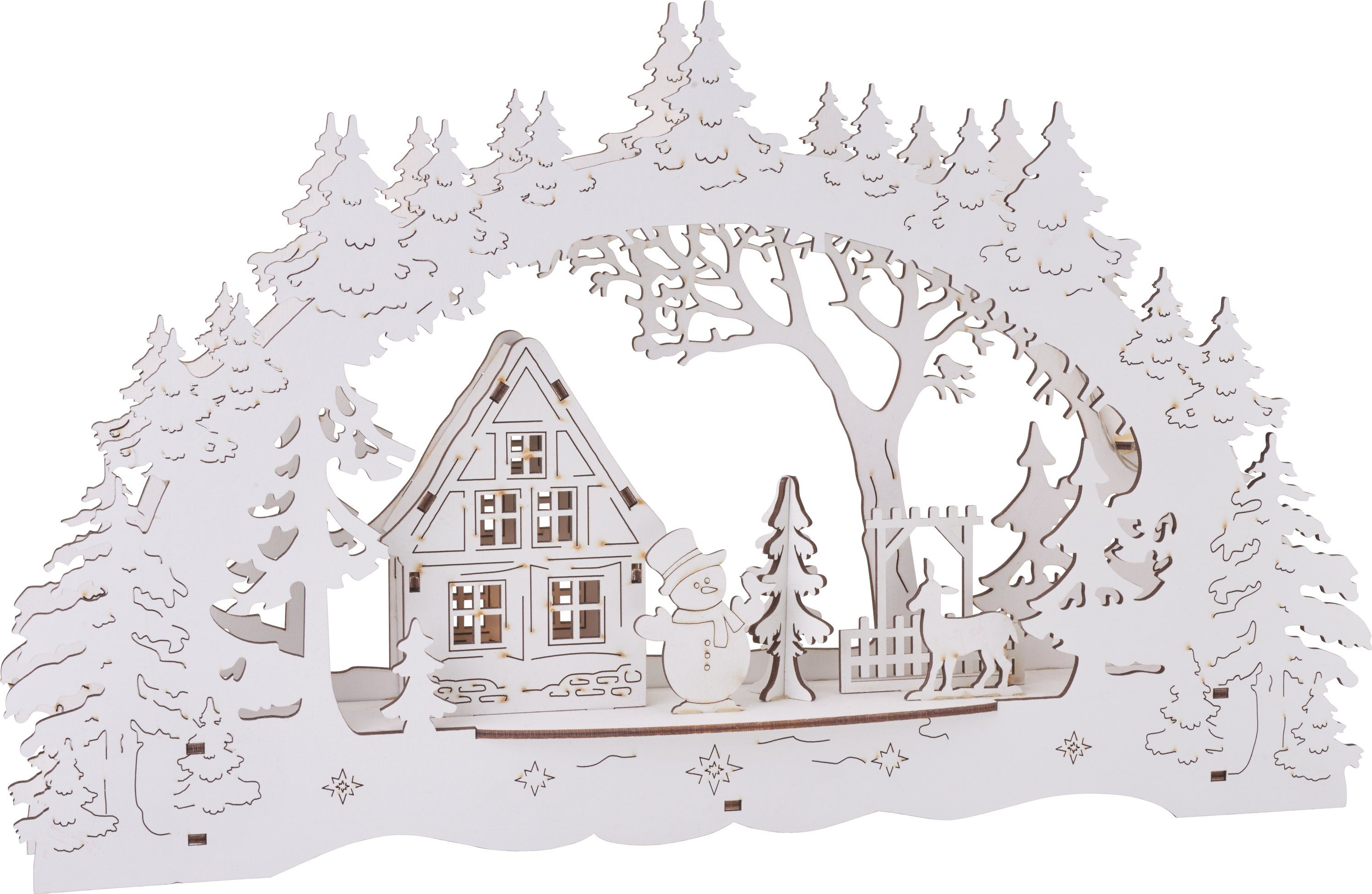 Weihnachtspyramide Haus im Wald mit Schneemann