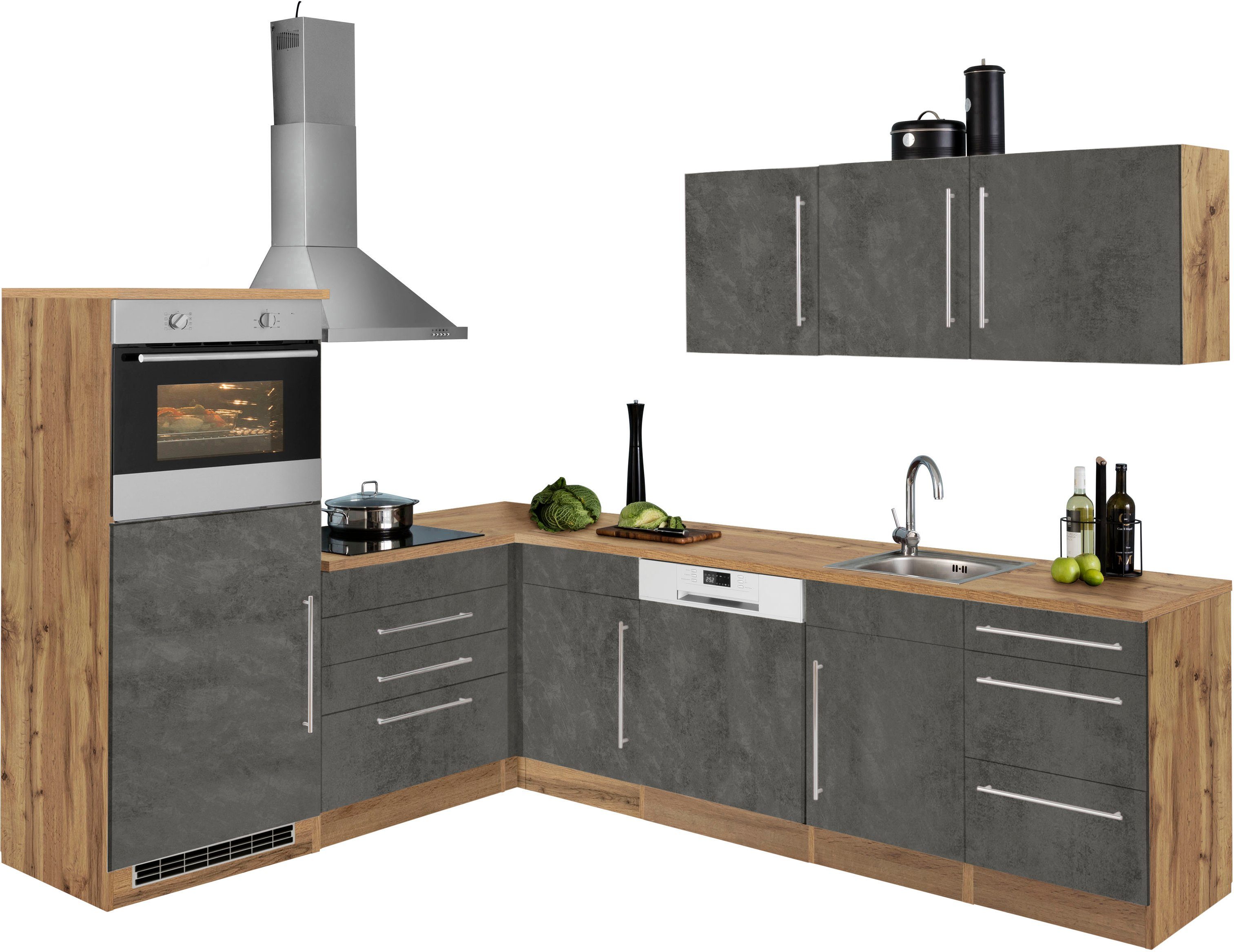HELD MÖBEL Winkelküche Samos, mit E-Geräten, Stellbreite 200/270 cm beton Oxid/wotaneichefarben | wotaneichefarben | L-Küchen