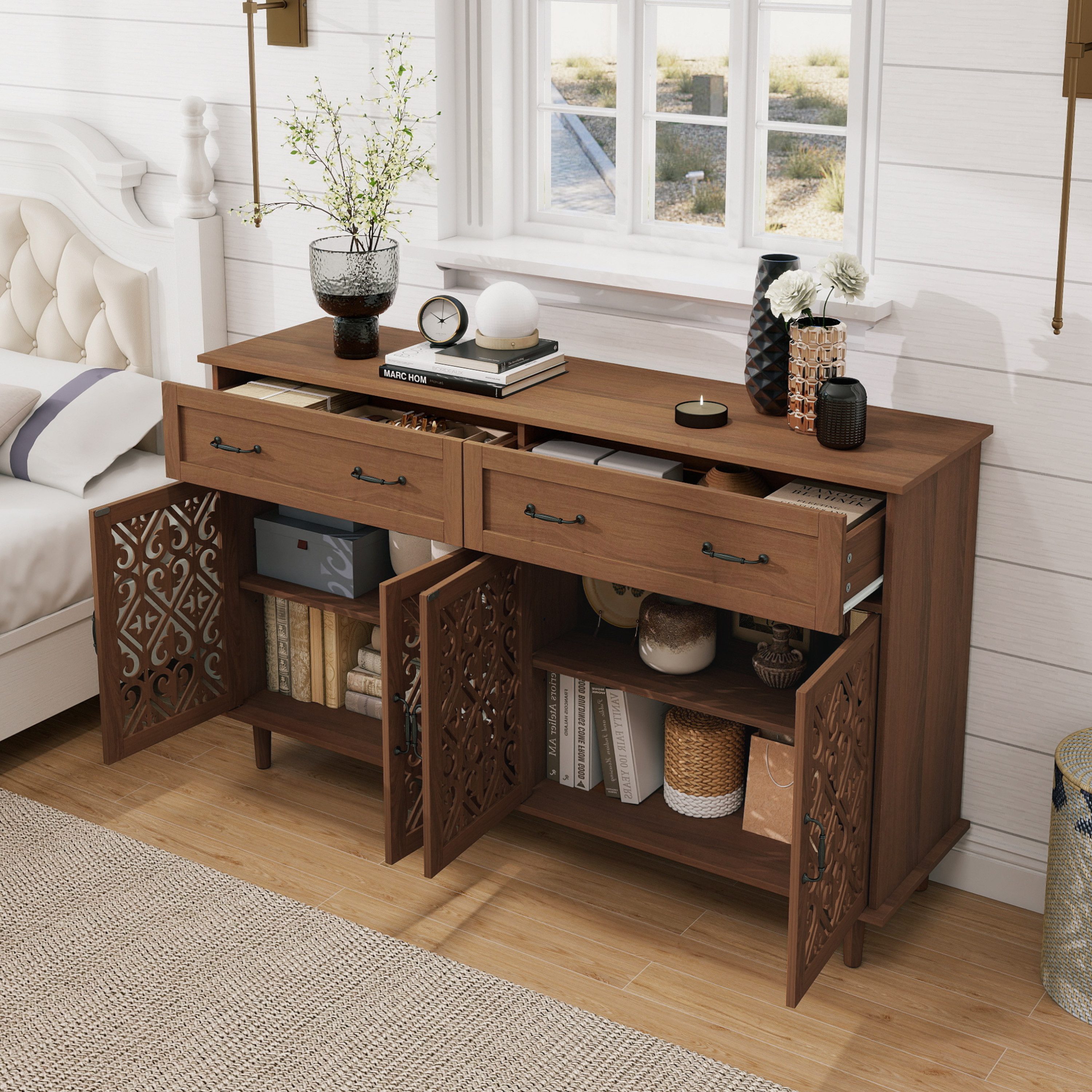 REDOM Sideboard mit 4 Türen, 2 Schubladen und geschnitztem Lochdesign (höhenverstellbare Regale, retro-Metallgriffe und stabile Massivholzfüße, Kommode Schrank)