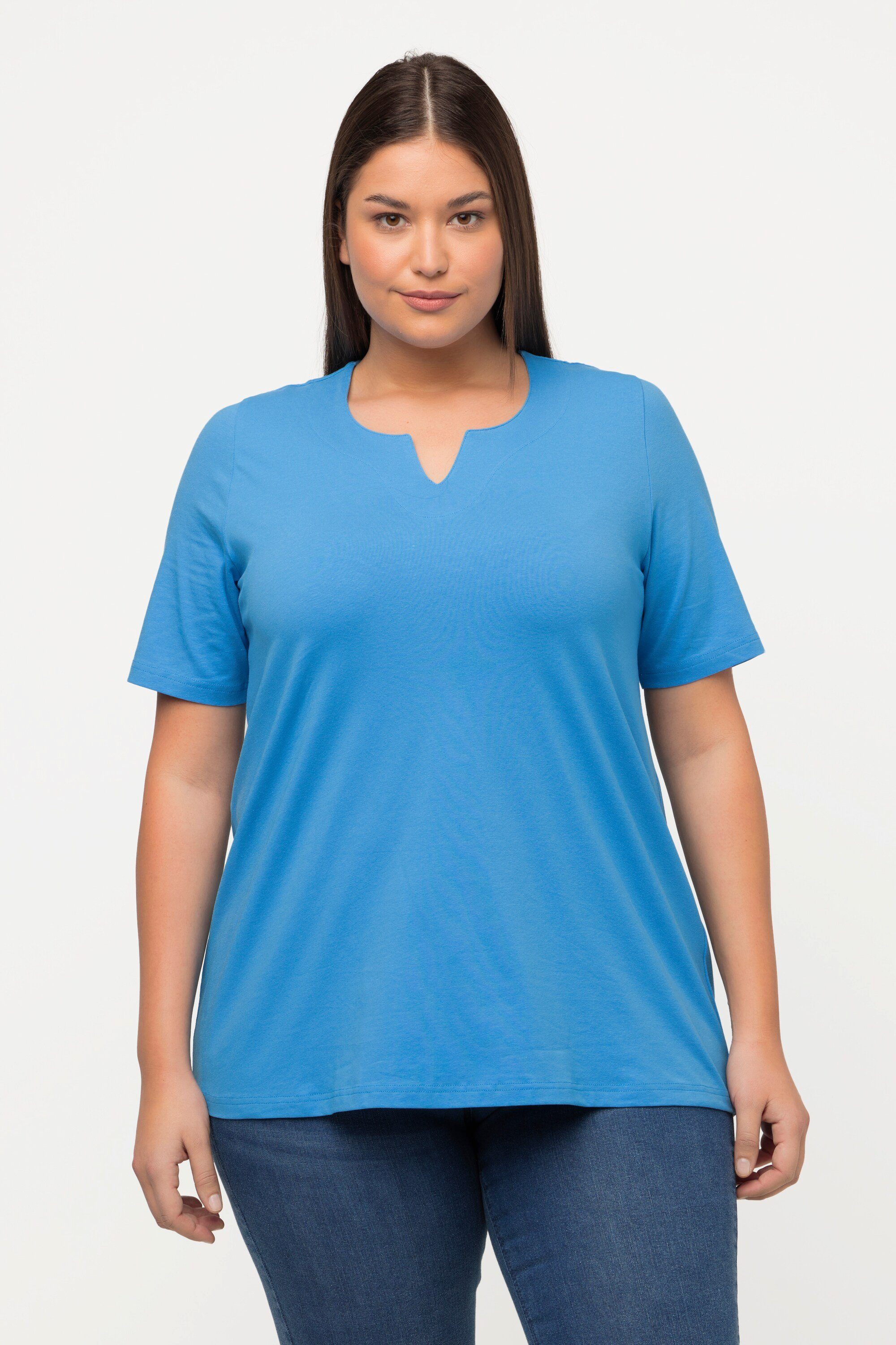 Ulla Popken Rundhalsshirt T-Shirt A-Linie Tunika-Ausschnitt Halbarm himmelblau