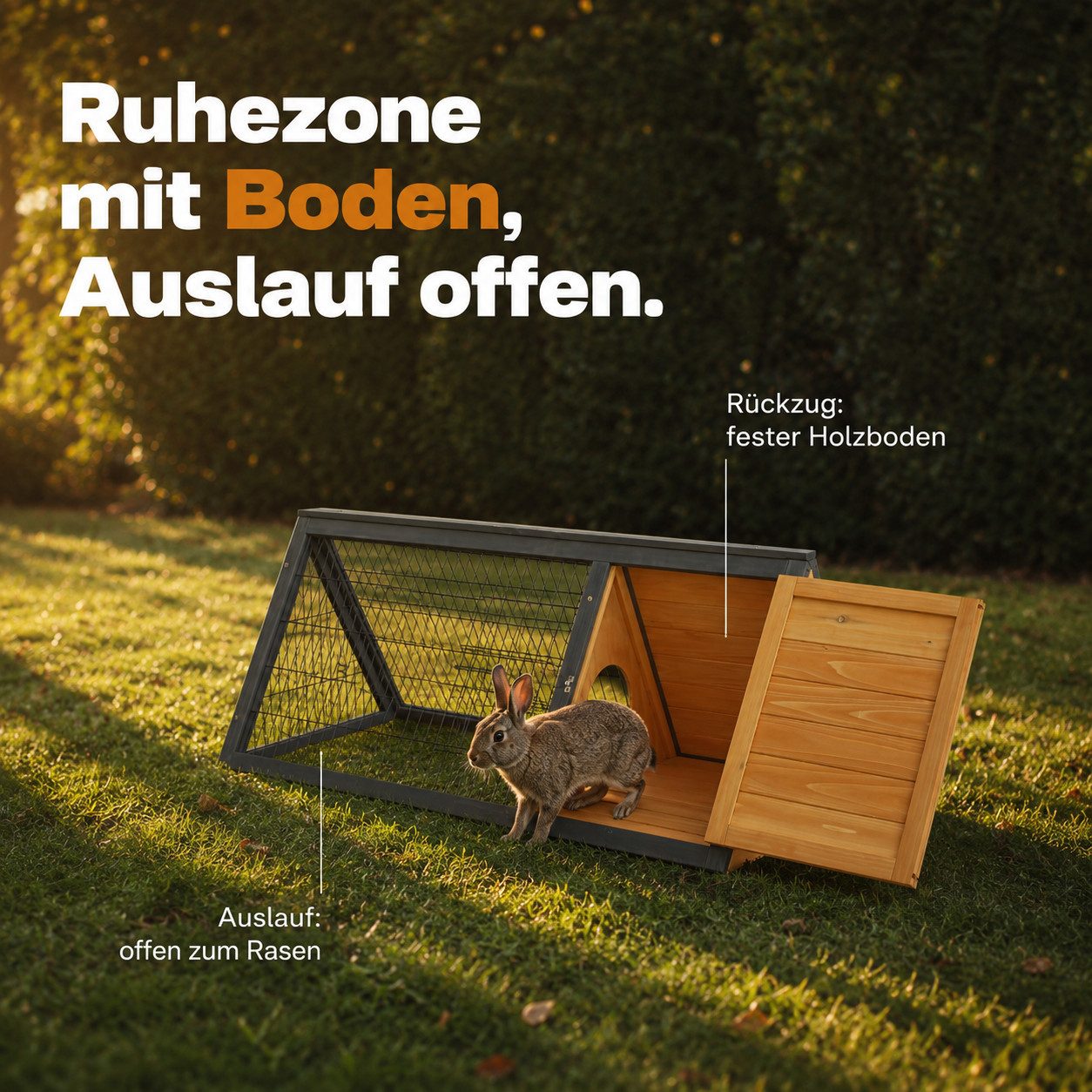 Zooprinz Kleintierstall Hasenstall Kaninchenstall Dreieckig Massivholz mit Freilauf, 115 x 56.5 x 48cm, 2 Türen, Unterschlupf mit Boden