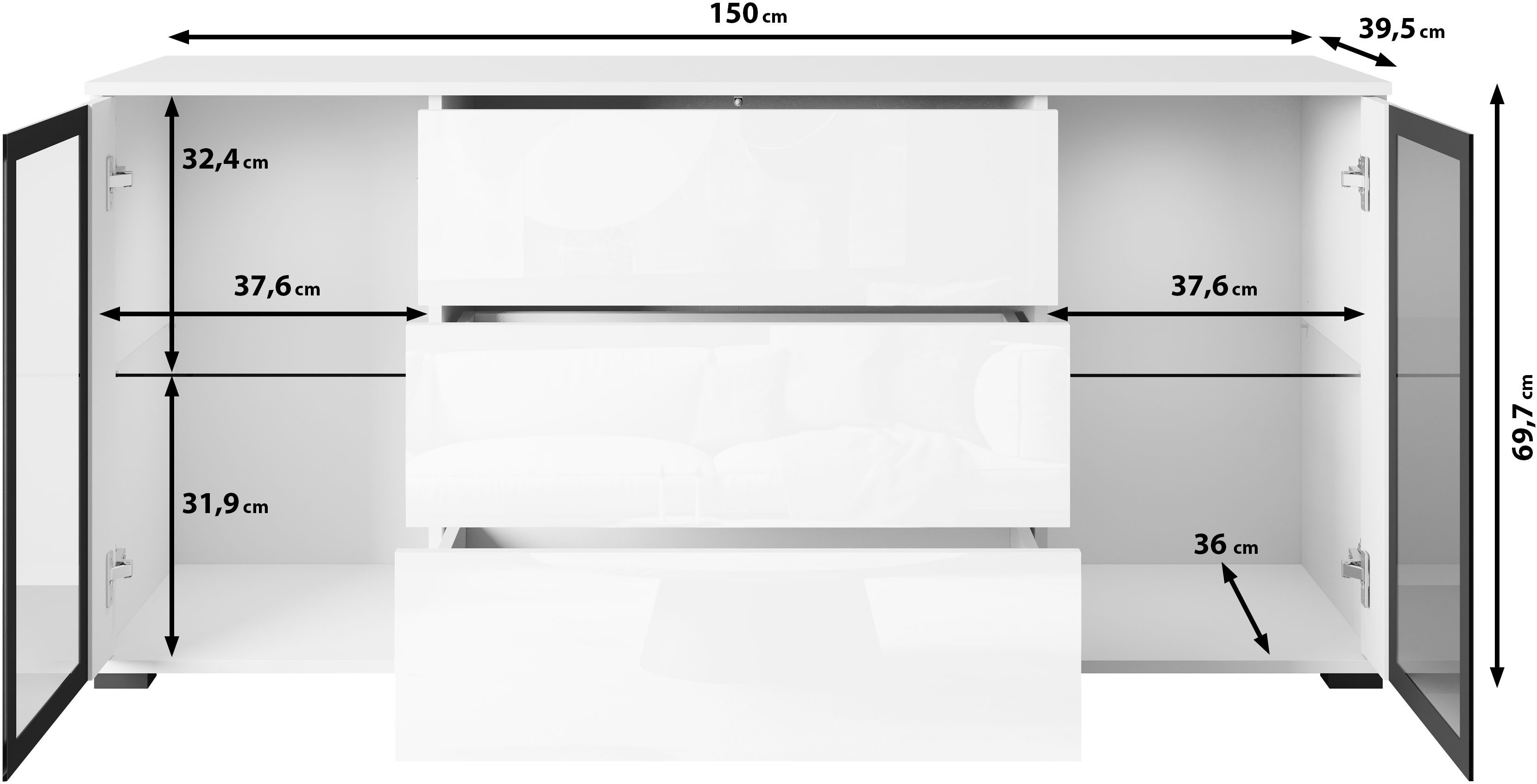 Home affaire Sideboard modernes Design mit Glaseinsätzen und 3 Schubladen, Breite 150 cm (1 St), Grifflose Fronten mit Push-to-Open, höhenverstellbare Einlegeböden