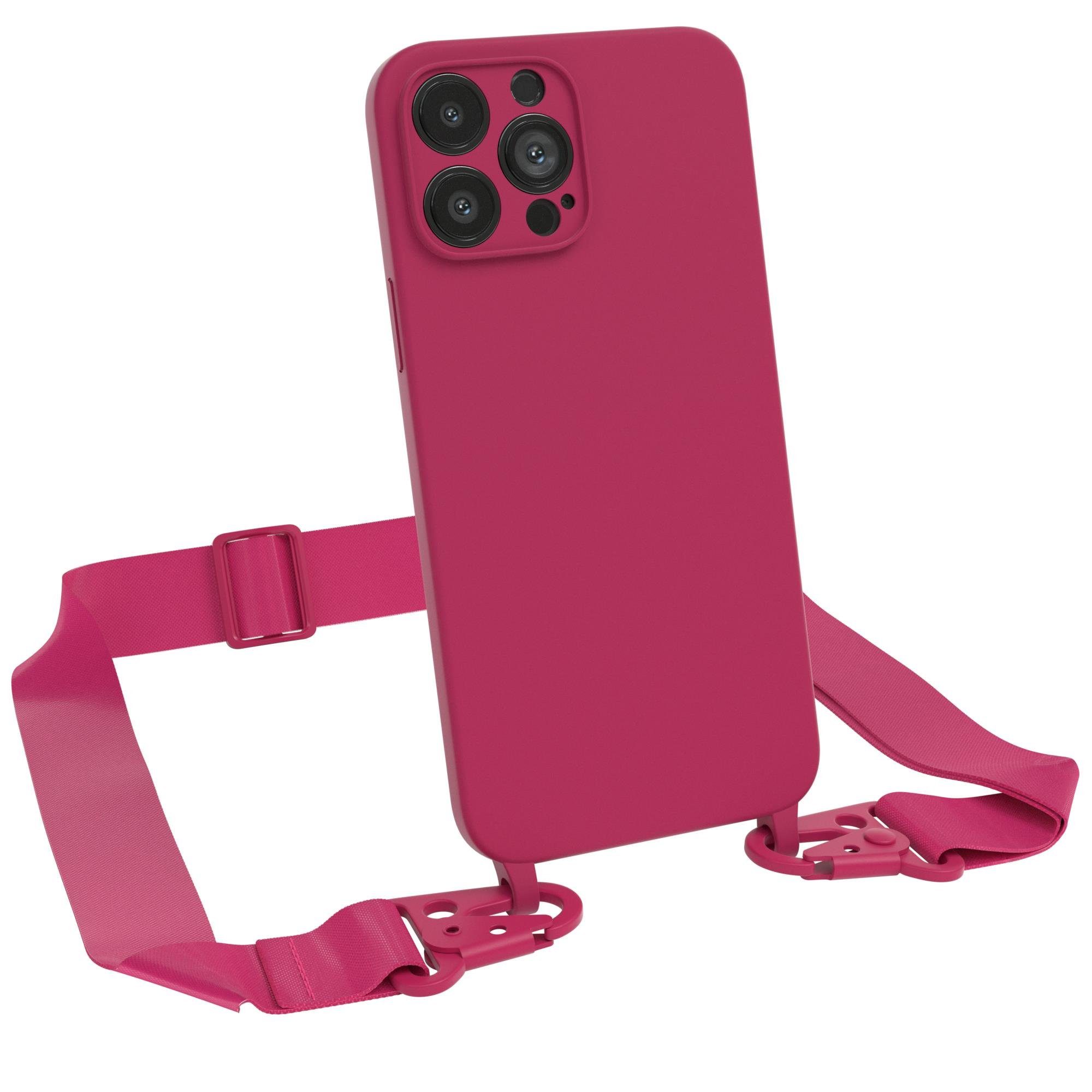 EAZY CASE Handykette Breitband Kette für Apple iPhone 13 Pro Max 6,7 Zoll, 2 in 1 Hülle abnehmbarer Kordel Carabiner Necklace Backcover Rosé Gold