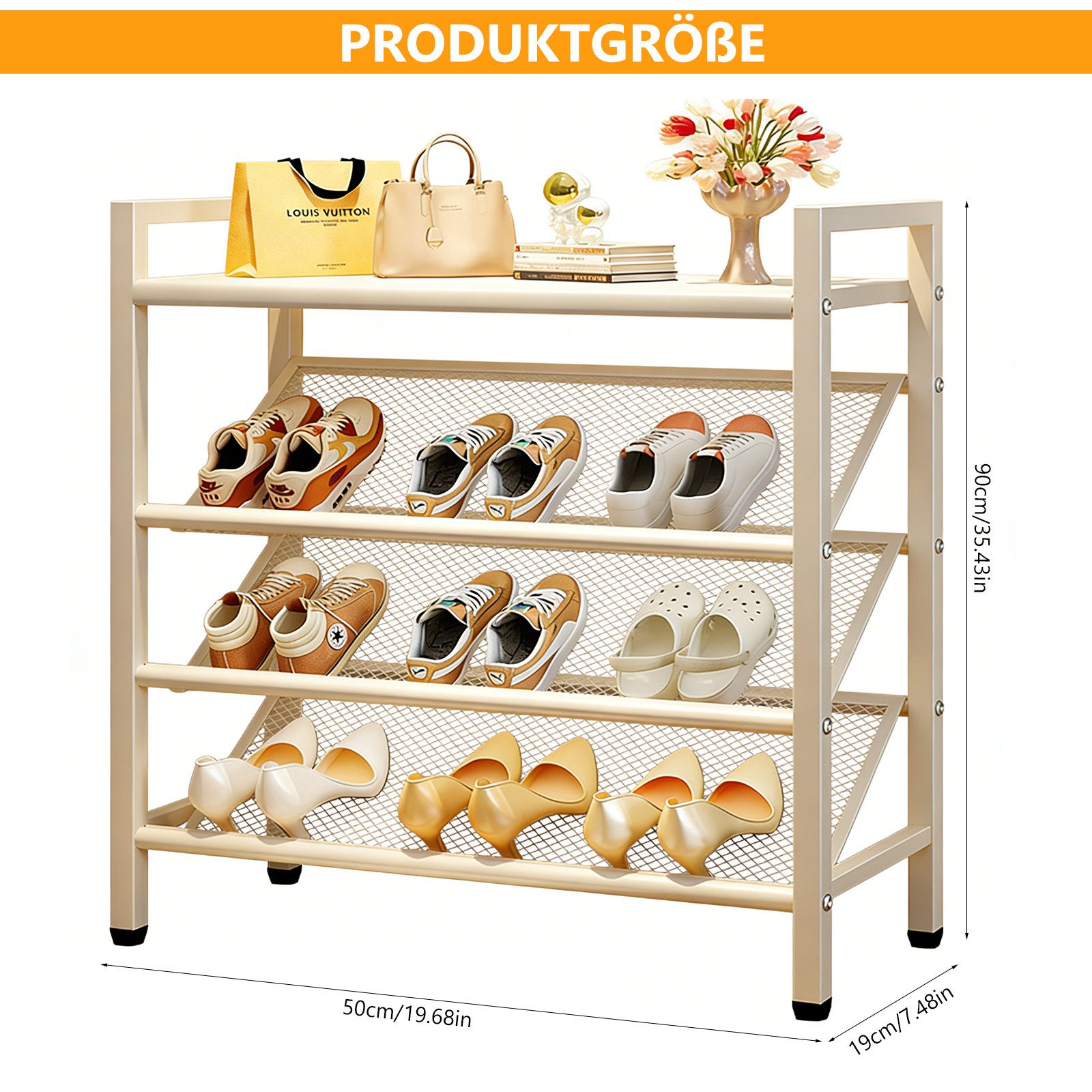 BlingBin Schuhregal 4 Ebenen Schuhaufbewahrung für Flur 50 cm, 1er Set 1-tlg., Schuhaufbewahrung Regal für Eingangsbereich, Flur, Studentenwohnheim
