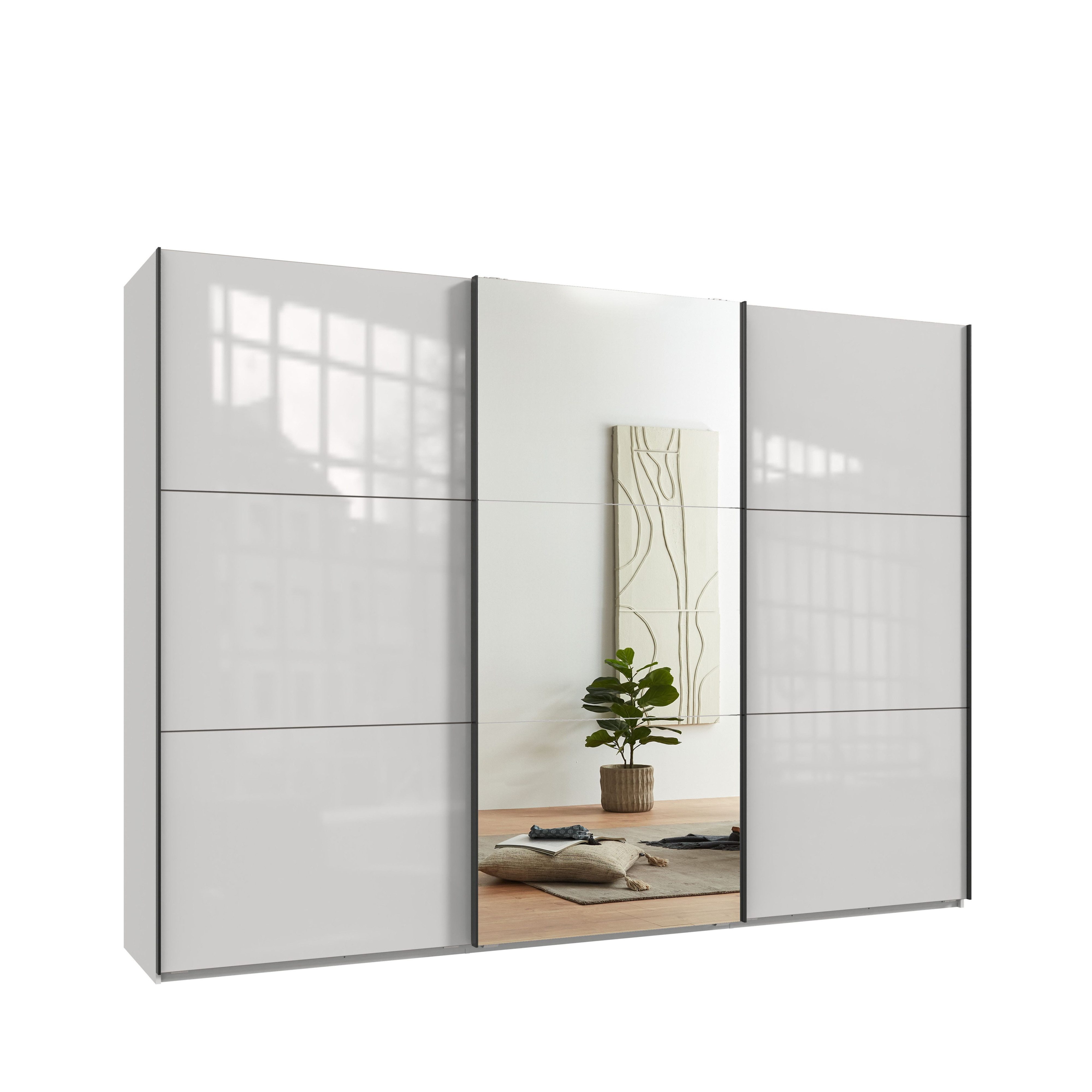 luma-home Schwebetürenschrank 22039 (3-türiger Kleiderschrank B300/H216/T65 cm mit Vollausstattung als optimale Stauraumlösung) Weiß mit …