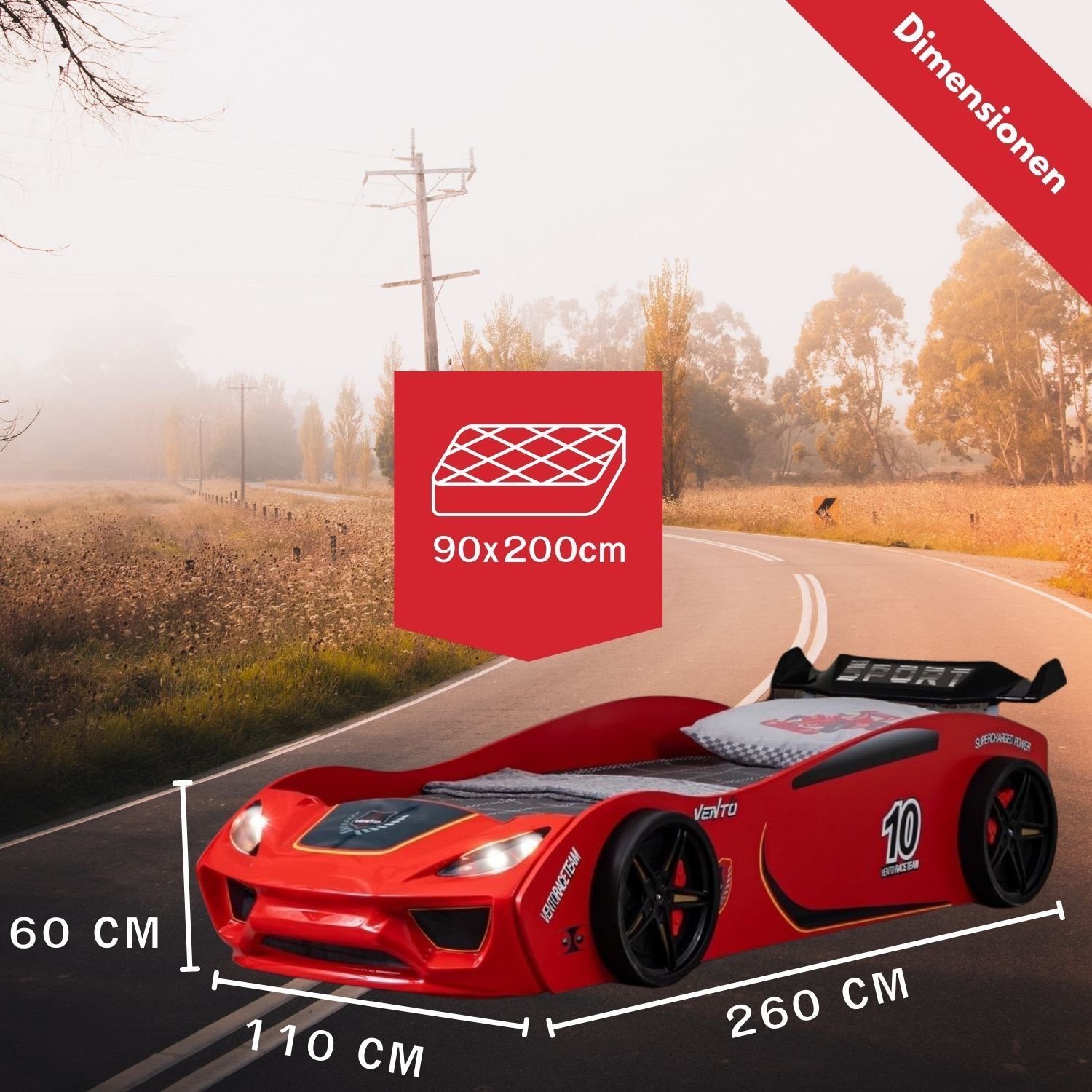 Spoiler), Rot Autobett DREAM | Coemo Renn-Design mit RACER mit 90x200 Rot (Kinderbett Lattenrost