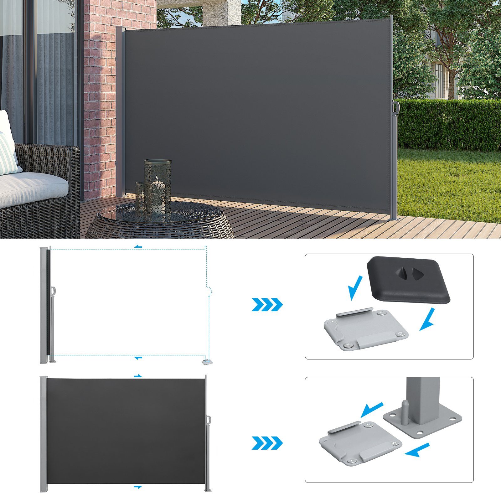 SONGMICS Seitenmarkise ausziehbar, Sichtschutz, balkon terrasse, Windschutz (Sonnenschutz, inkl. Zubehörpaket & Anleitung) Balkon, mitgelieferte Bodenhalterung