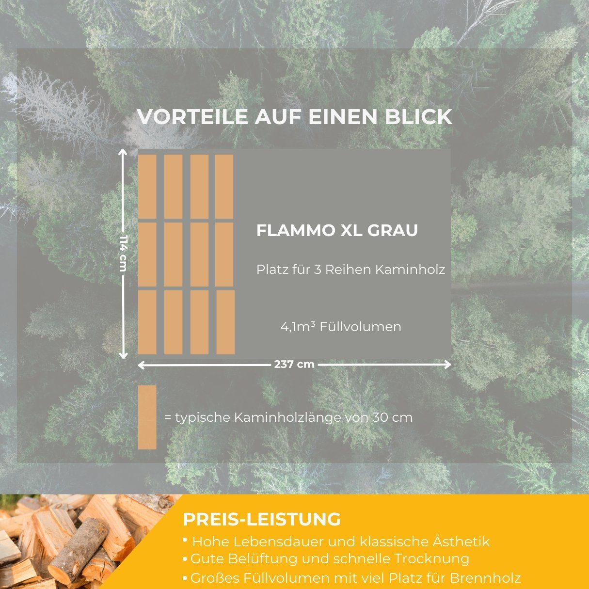 Rückwand, XL Kaminholzregal BxTxH:237x114x203 Mega-Holz mit cm FLAMMO Kaminholzregal