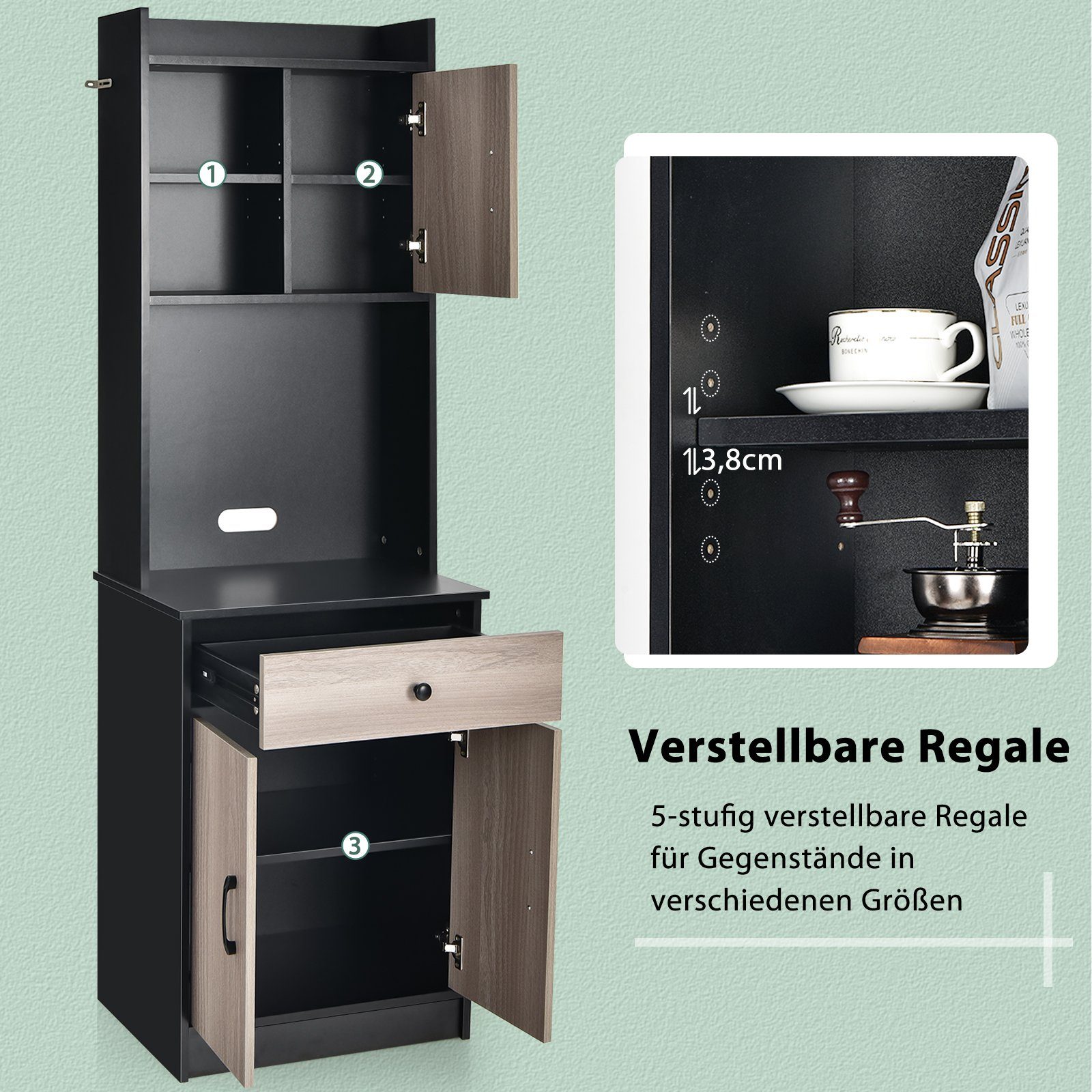 COSTWAY Küchenbuffet Hochschrank mit Schublade & verstellbare Ablagen, 180cm