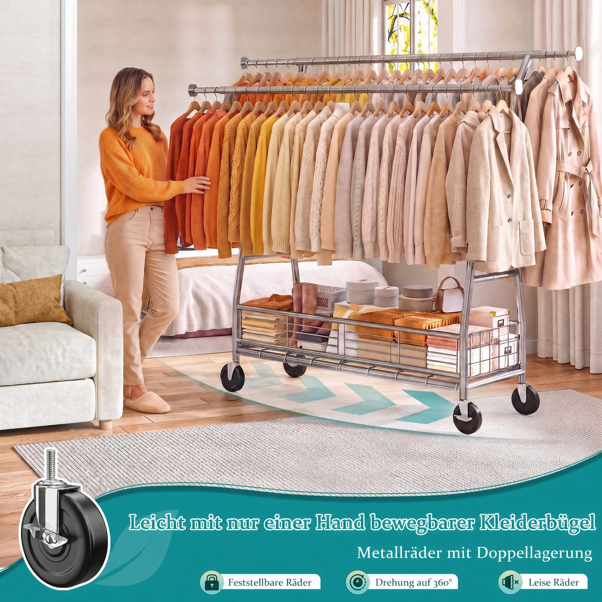 Klyvvo Kleiderständer auf Rollen mit Doppelstange & Netzkorb, 200 kg Schwerlast-Tragkraft, (1 St), reichlich Stauraum für Kleidung & Accessoires – Bild 5 von 5