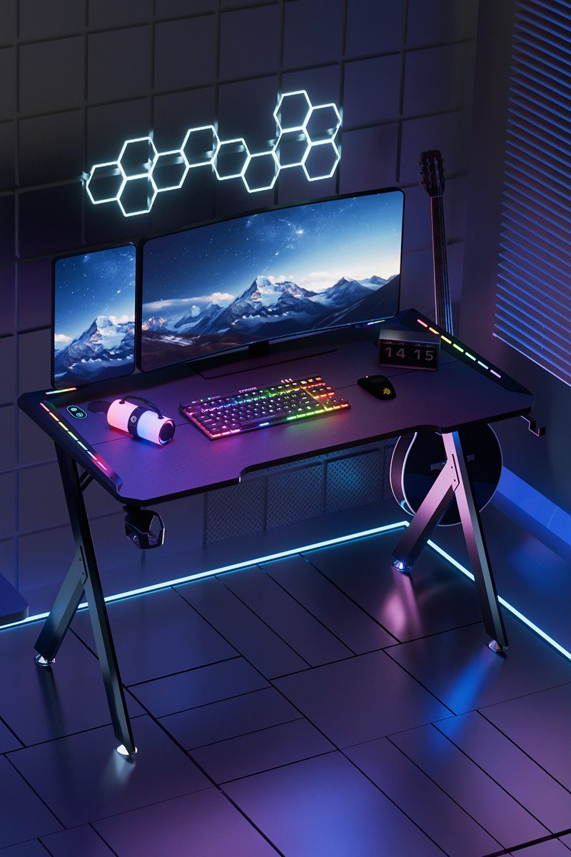 Computertisch RGB Gaming Schreibtisch 120x60cm, Carbon-Optik, stabile Struktur