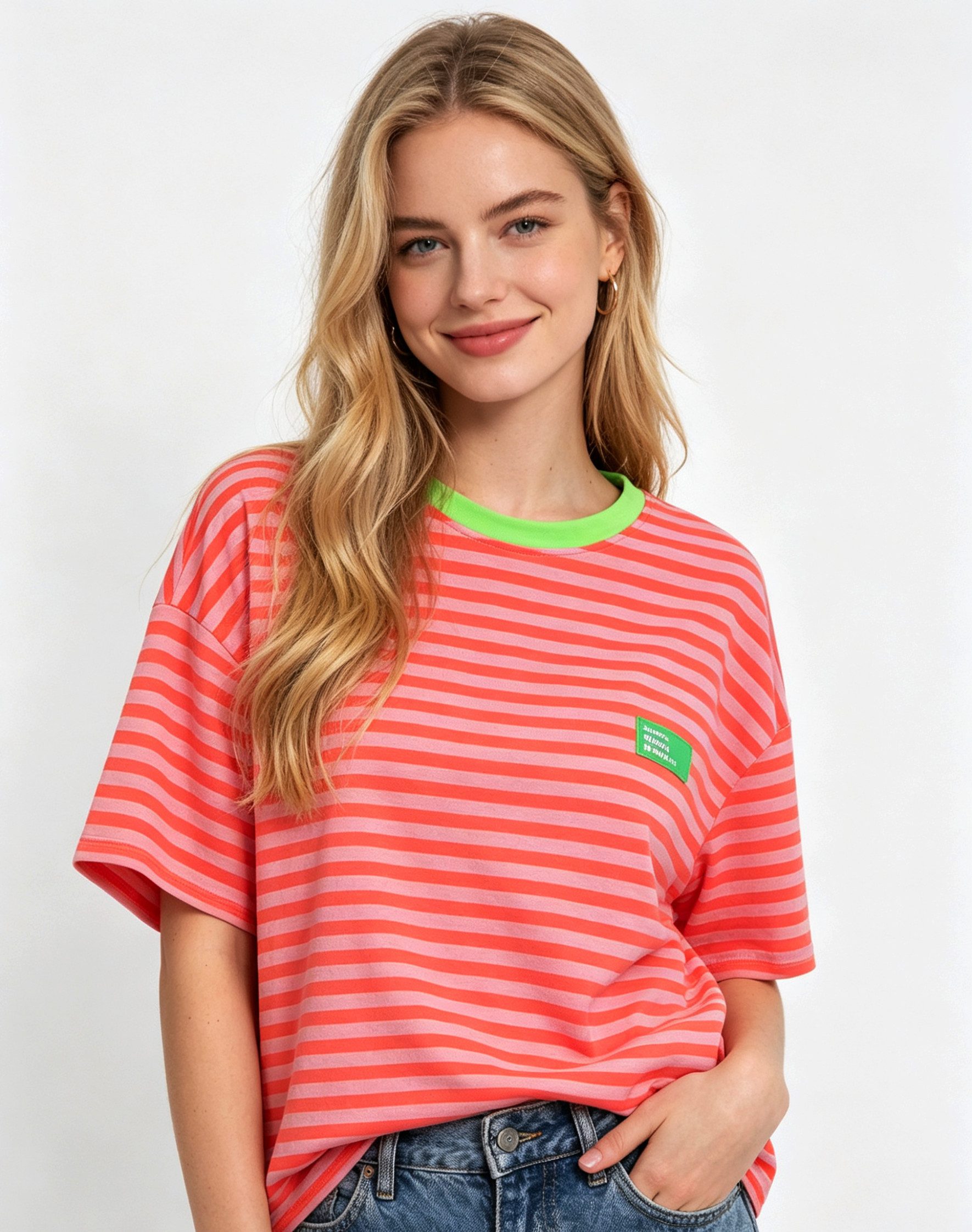 MIRROSI Sweatshirt Damen Kurzarm T Shirt Oversize Neonfarben Streifenmuster Ringelshirt, One Size Passform (ca. Gr. 34–40); Made in Italy