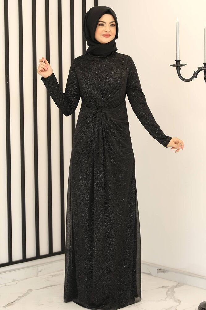 Modavitrini Abendkleid Damen Maxikleid Abiye Abaya langärmliges Hijab Kleid Modest Fashion silbriger glänzender Stoff Schwarz