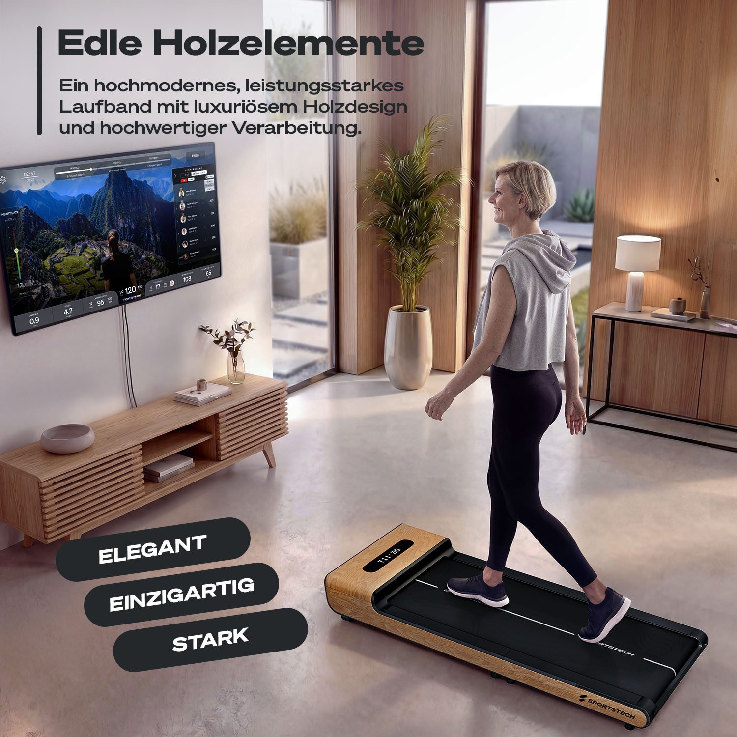 Sportstech Laufband WoodPad Pro, Geschwindigkeit bis 8 km/h, klappbar, Echtholz, App kompatibel