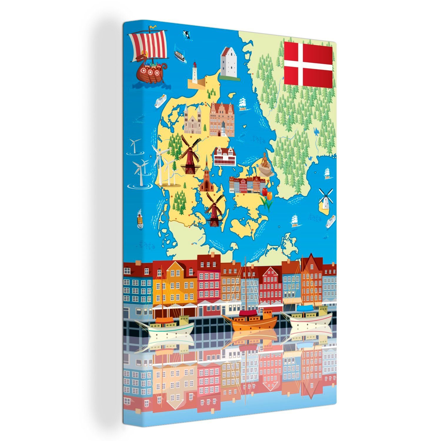 OneMillionCanvasses® Leinwandbild Illustration einer Karikaturkarte von Dänemark, (1 St), Leinwandbild fertig bespannt inkl. Zackenaufhänger, Gemälde, 20x30 cm
