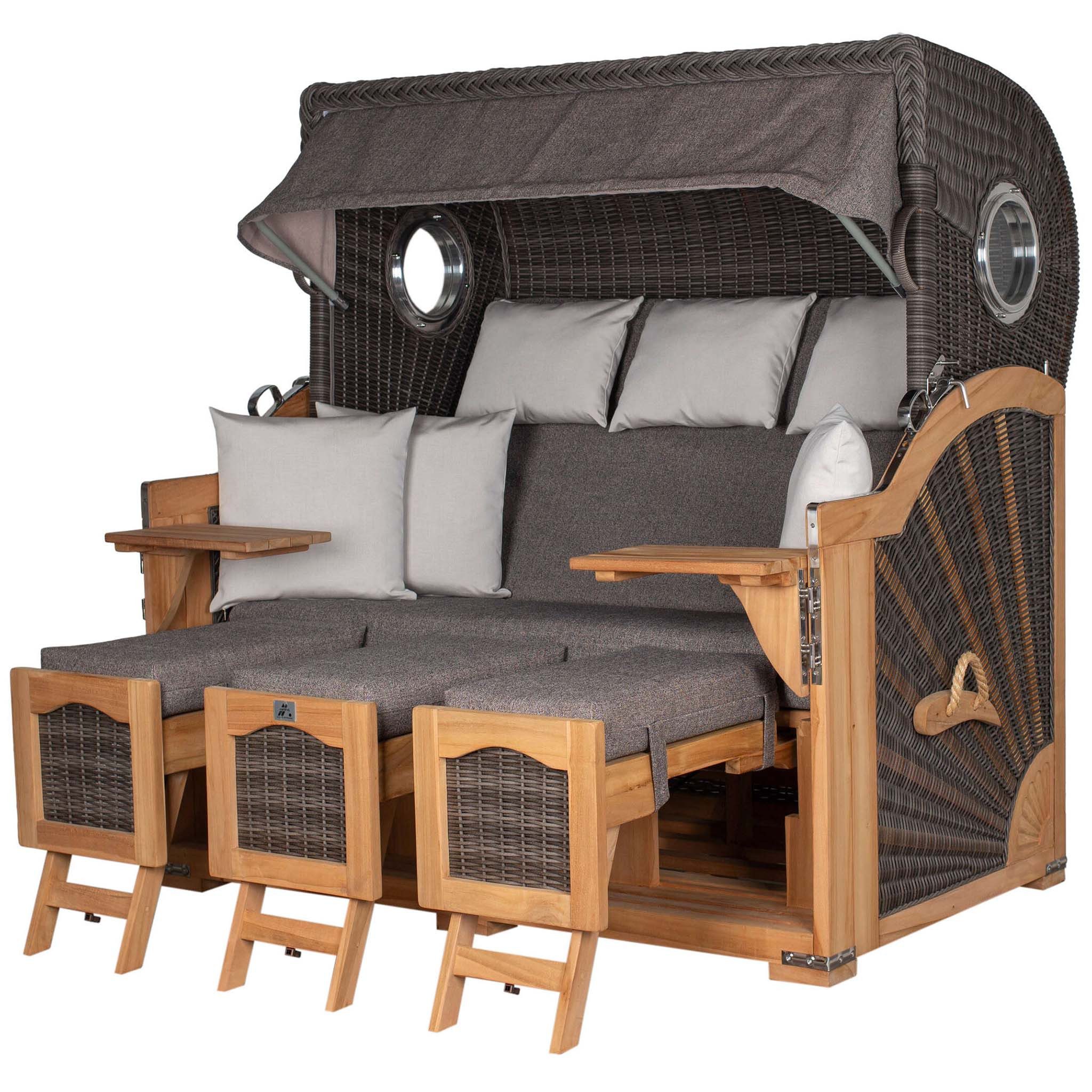 deVries PURE® Strandkorb Seemöwe XXL - PE stone grey - Dessin 252, BxTxH: 165x95x163 cm, Halblieger, Ostsee-Strandkorb, (Strandkorb-Komplettset, 2-tlg., 3-Sitzer Strandkorb mit Polstern und Premium-Schutzhaube), Windschutzfolie, bequeme Kissenausstattung, Schutzhülle