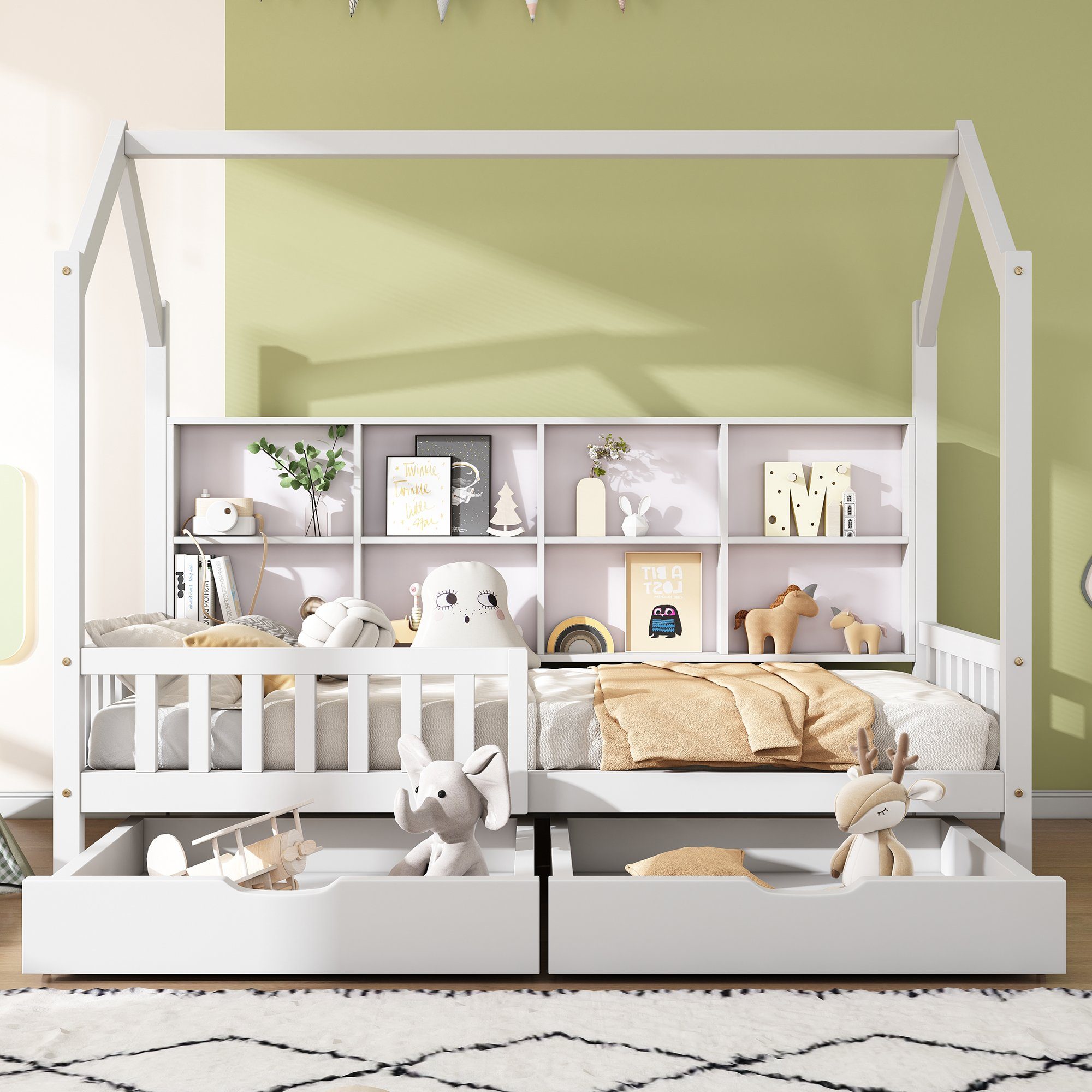 SOFTWEARY Kinderbett Hausbett mit Einzelbett und inkl. Holzbett Schubladen, Kiefer, Regal Lattenrost (90x200 2 cm), Rausfallschutz aus