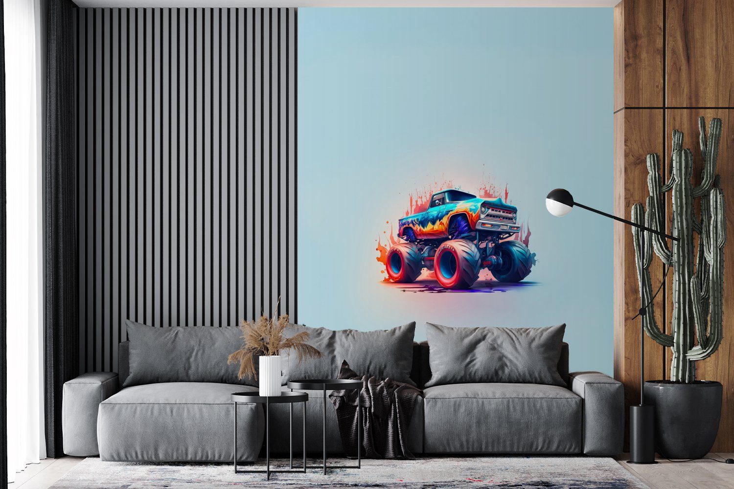 Wandtapete St), Monstertruck Montagefertig Blau - (4 Farbe Flammen für bedruckt, MuchoWow Fototapete Wohnzimmer, - Design, Tapete - Vinyl Matt, -