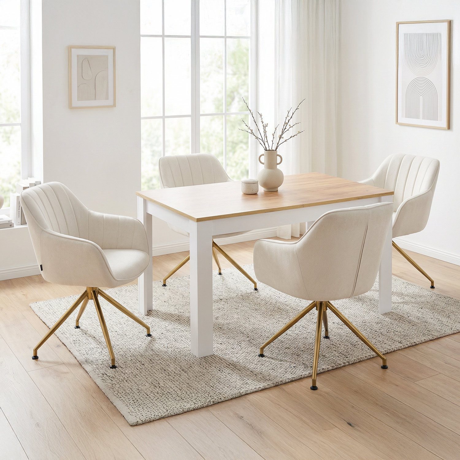 Homestyle4u Esstisch 86x135 bis 86x184 Esszimmertisch ausziehbar Holztisch Weiß Küchentisch, Platte Eiche Kraft Gold Optik