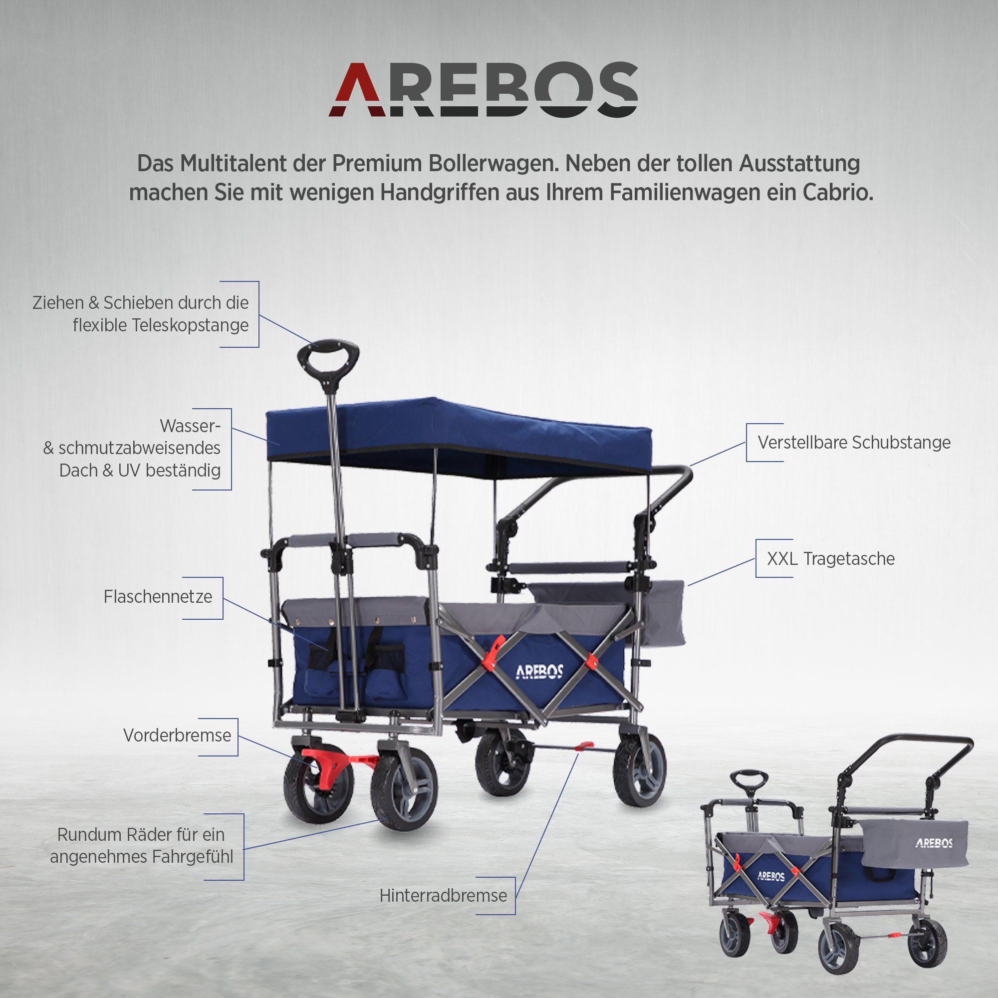 Arebos Bollerwagen mit Dach Premium, Handwagen Transportkarre 100 kg tragekraft, Vorder- und Hinter-Bremse