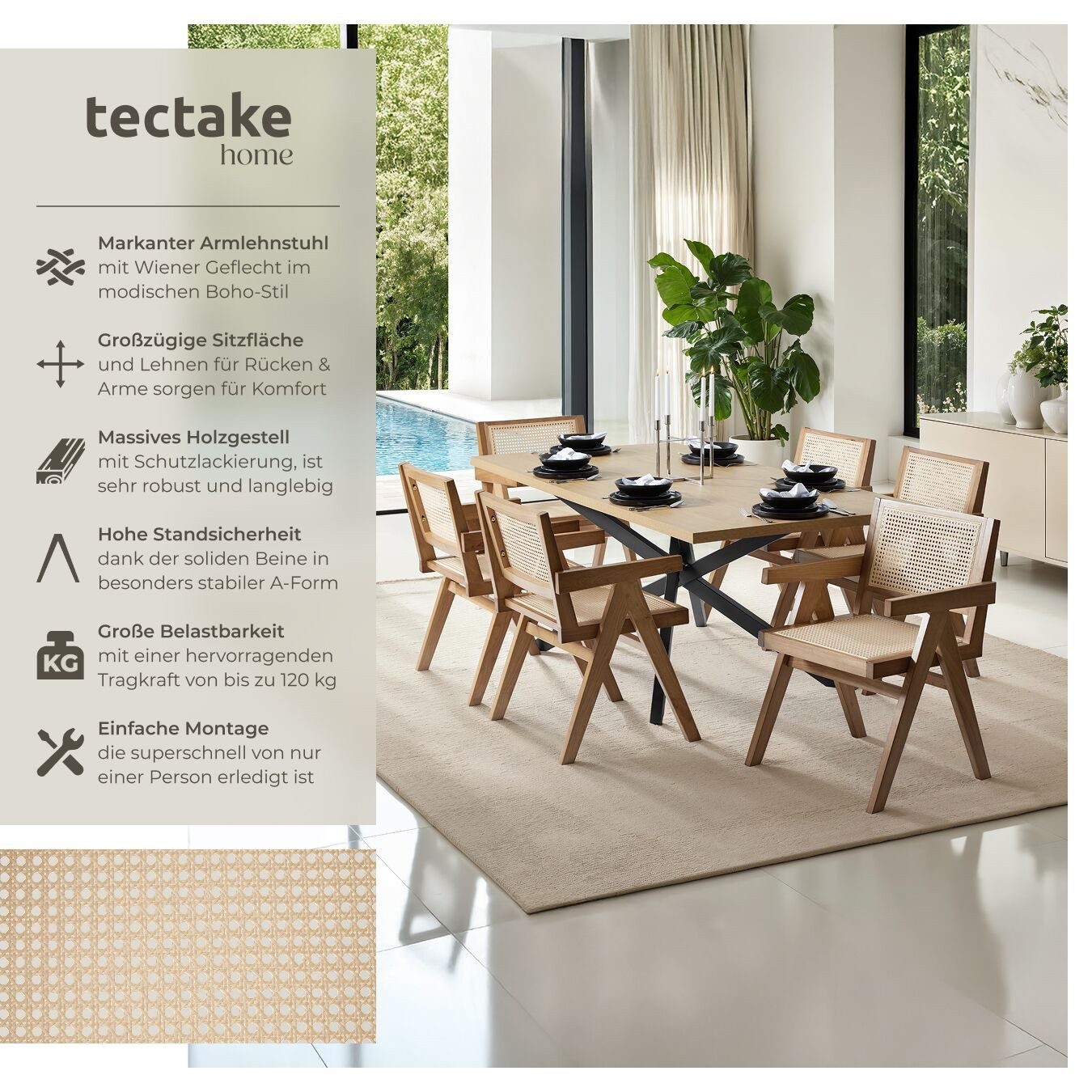 tectake Esszimmerstuhl Holzstuhl Lissy mit Wiener Geflecht im Boho-Stil (Se günstig online kaufen