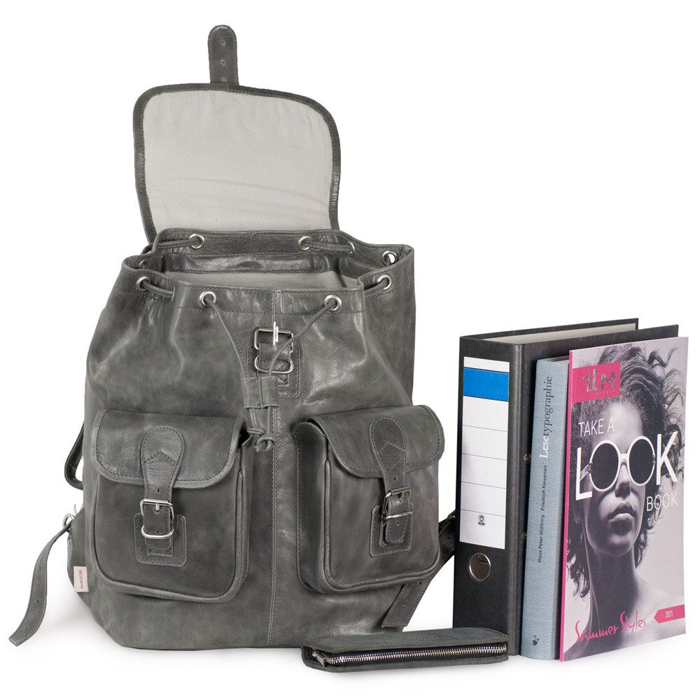 Hamosons Notebookrucksack Großer Lederrucksack / Laptop-Rucksack, Nappa, Grau, Hamosons 560
