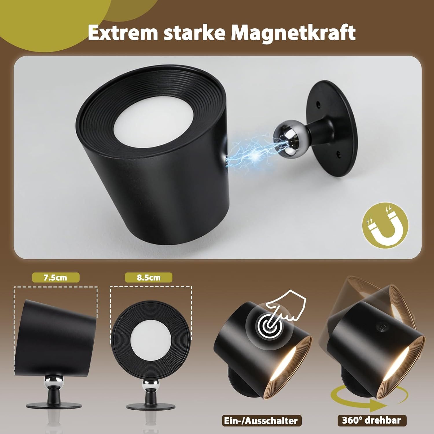 ZMH LED Wandleuchte Leselampe Schwarz Akku 360° Drehbar Touch Control 3 Helligkeitsstufen, Mit Fernbedienung Augenschutz, LED fest integriert, 3000-6500K, USB-Ladefunktion, Wohnzimmer