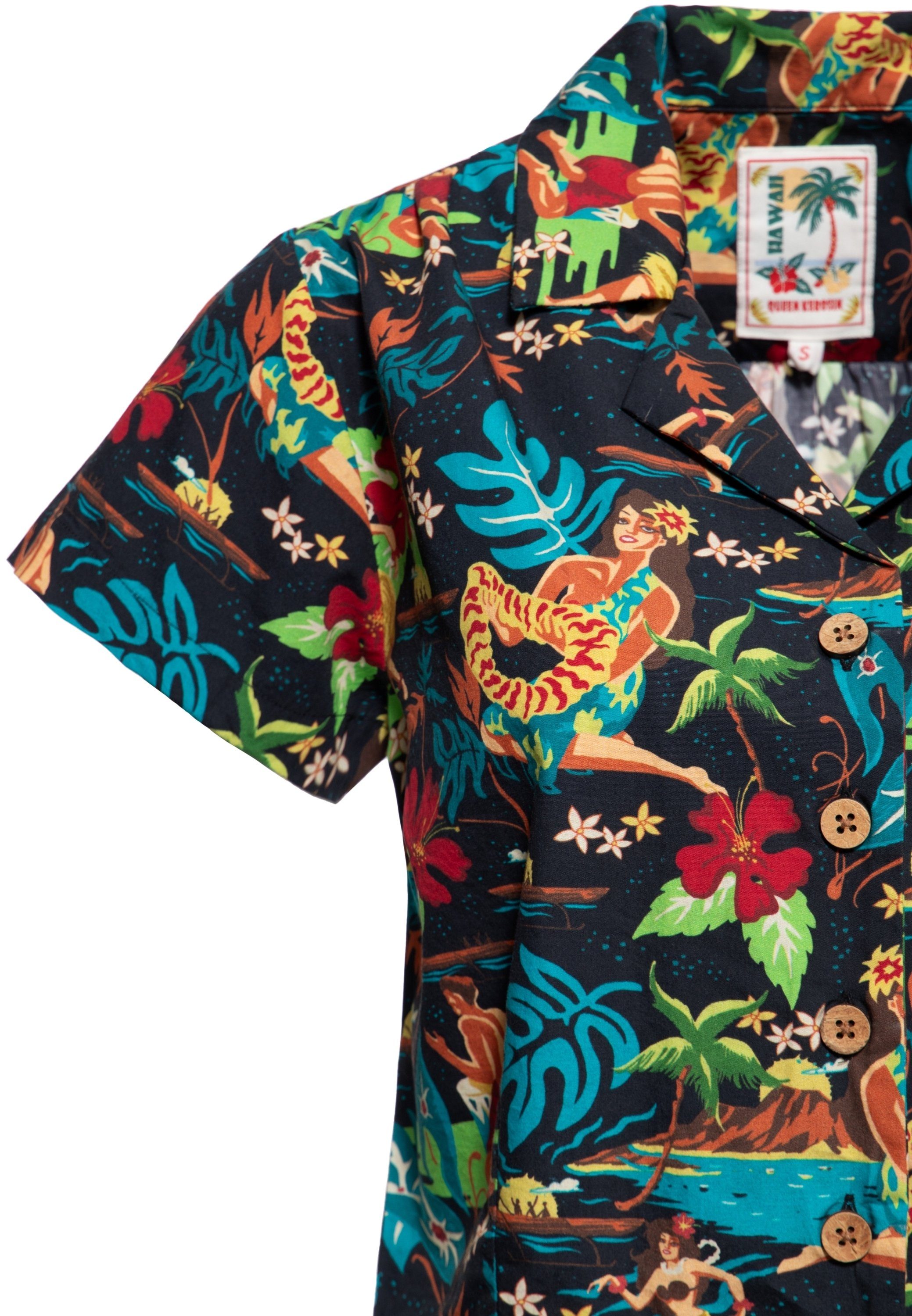 QueenKerosin Kurzarmbluse im Hawaiianischen Design