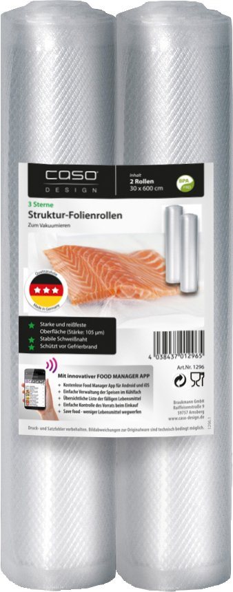 Caso Vakuumier-Folienrollen 1296, Zubehör für alle CASO Balken-Vakuumierer  FreshVAC WMF Rommelsbacher LAIDA Gastroback FoodSaver Solis Steba Lava,  30x600 cm, 2 Stück, Stärke 105 µ