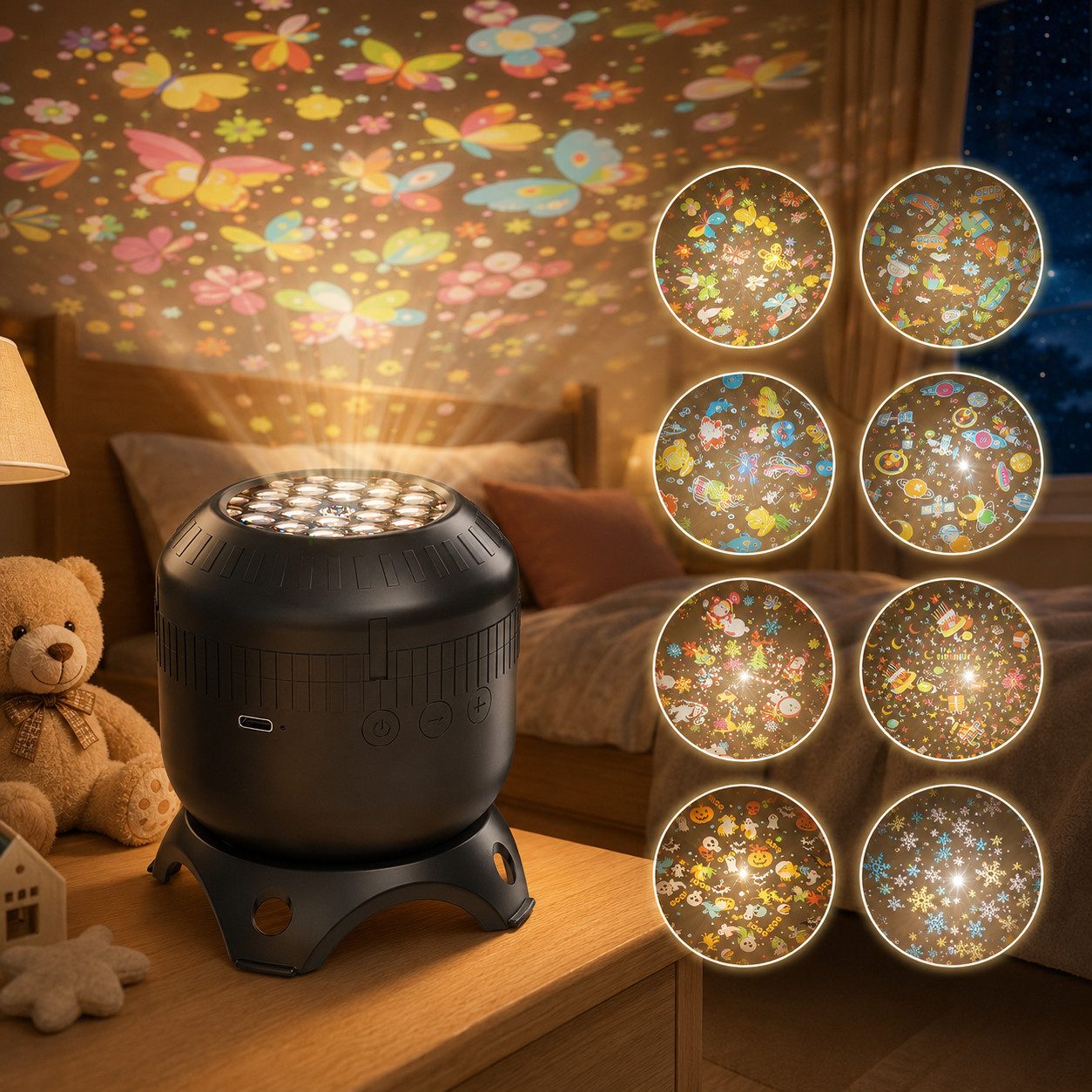 OYLCDI Projektionslampe Projektionslampe für Kinder mit 8 Wechselmotiven, Nachtlicht Projektor mit drehbarer Projektion, USB-C, 0,8–3,2 m Projektionsabstand, für Kinderzimmer & Schlafzimmer