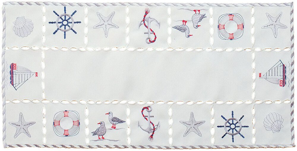 matches21 HOME & HOBBY Tischdecke Tischläufer maritime Motive wollweiß Stick bunt 35x70cm (1-tlg)