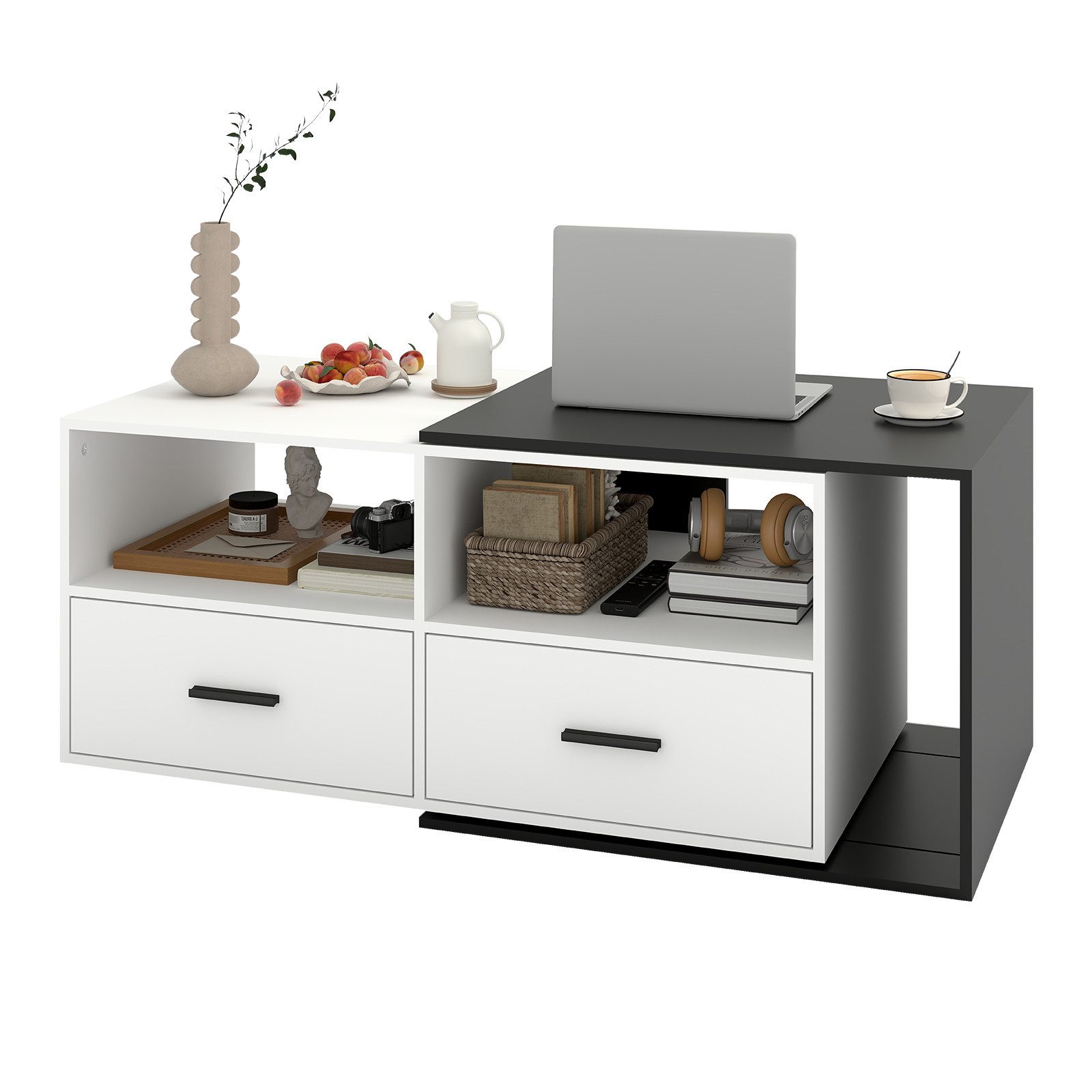 Puluomis Couchtisch Kaffeetisch ausziehbar 91-145cm mit Rollen Schublade schwarz weiß (Packung)