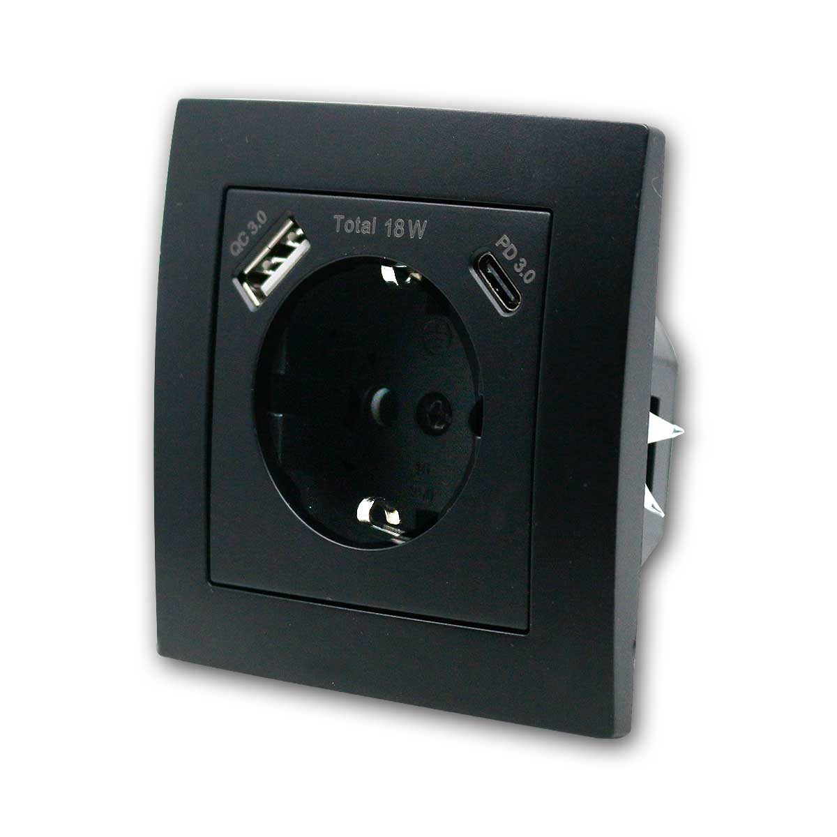 McPower Schuko-Stecker FLAIR Schuko-Steckdose schwarz mit USB-C, m Rahmen