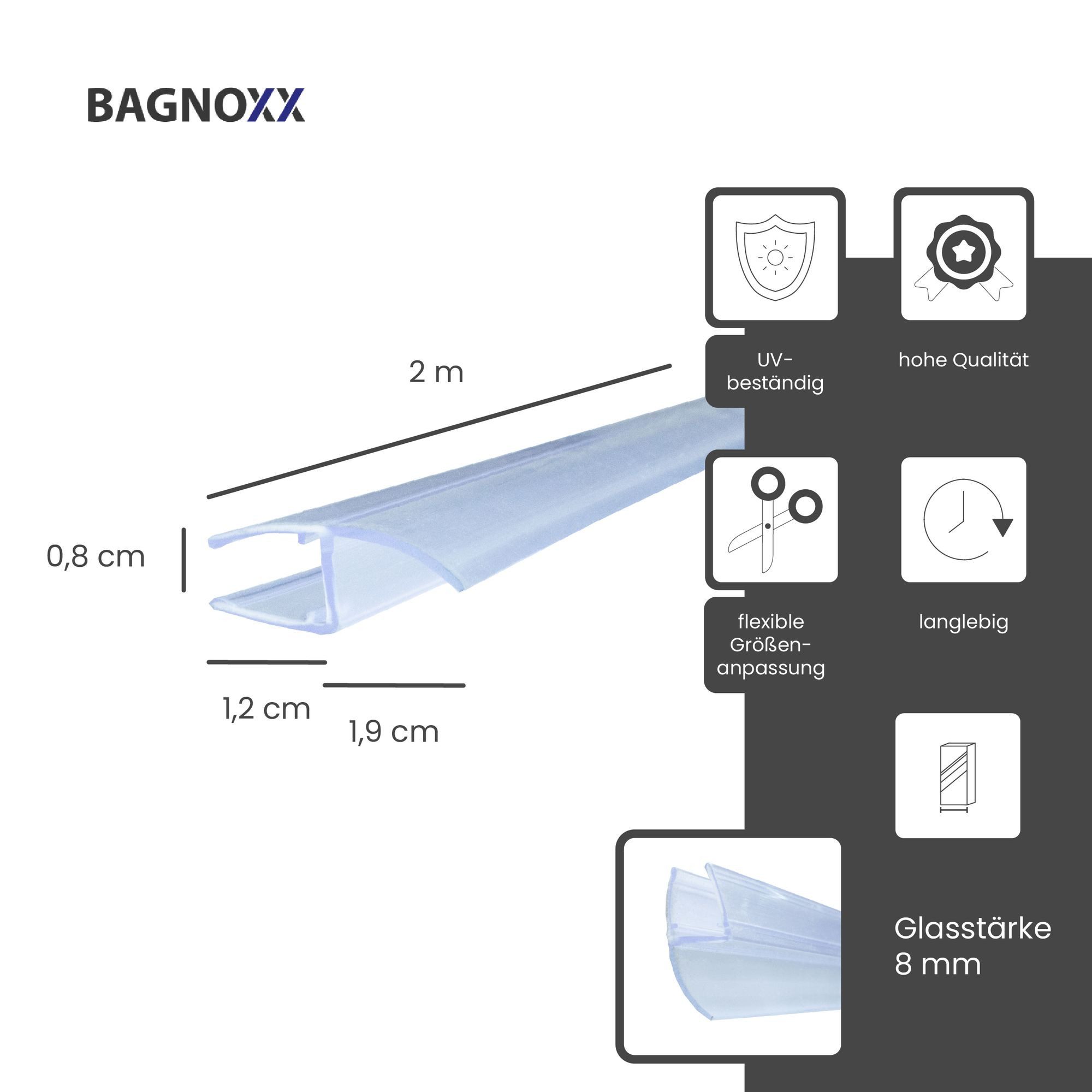 Bagnoxx Duschdichtung, L: 200 cm, (Spaltdichtung, Türdichtung, lange Dichtlippe, 1-St), für Glas Duschtür, Duschlippe aus PVC, verstärkte Weichlippe