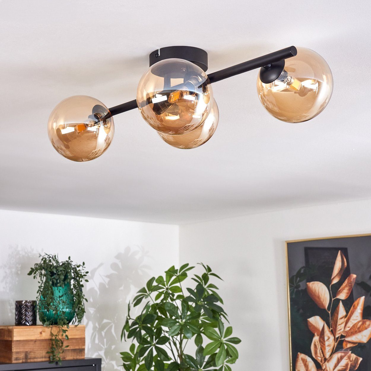 hofstein Deckenleuchte Deckenlampe aus Metall/Glas in Schwarz/Bernsteinfarben, ohne Leuchtmittel, Leuchte im Retro-Design aus Glas, 4 x G9 LED, ohne Leuchtmittel