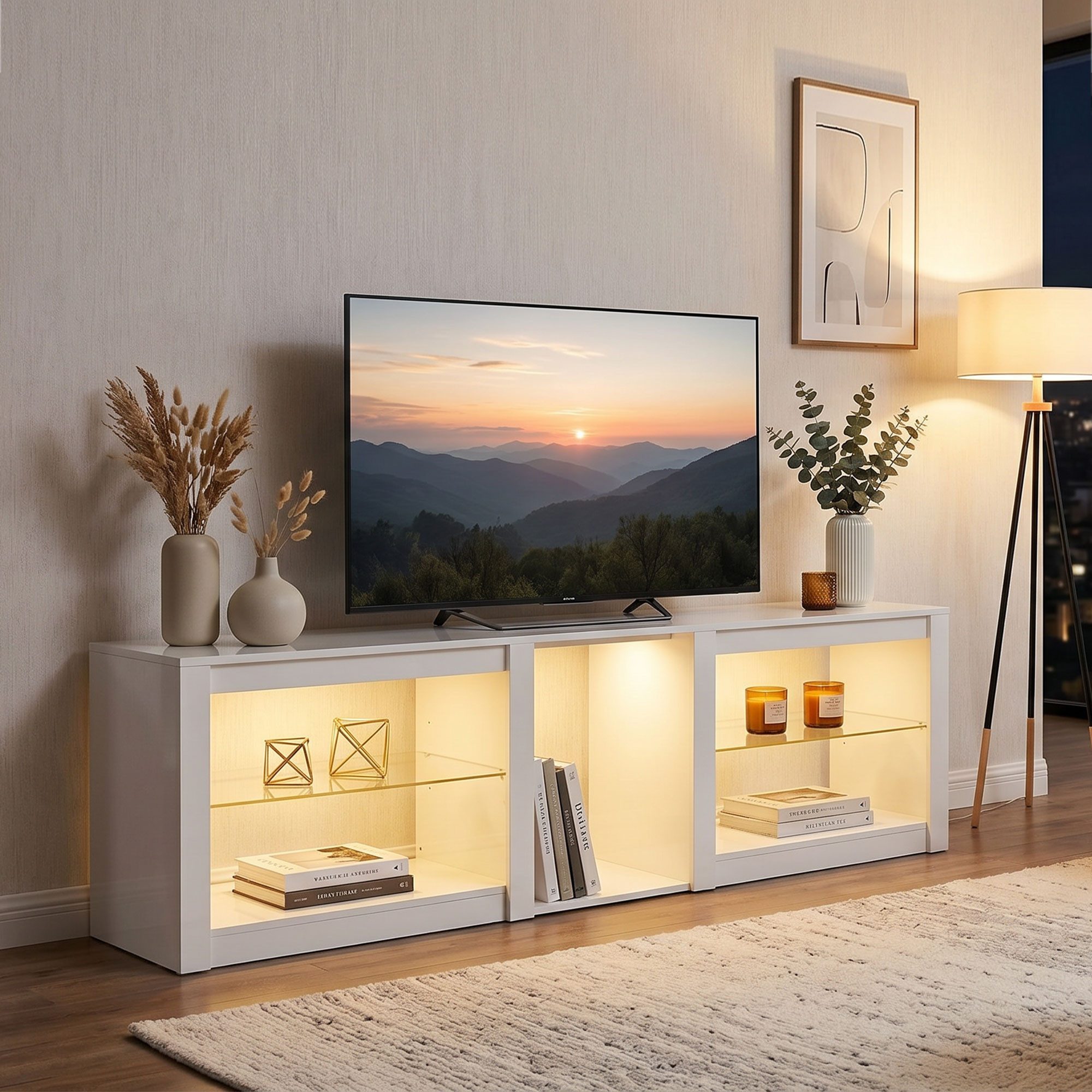 OKWISH TV-Schrank TV-Lowboard mit LED, TV-Möbel modern, Fernsehtisch 75 Zoll (Packung, 1-St., Weiß 160 x 35 x 52 cm, TV Board für Wohnzimmer Einrichtung) RGB-LED Beleuchtung, verstellbare Glasböden, Stauraum TV-Schrank
