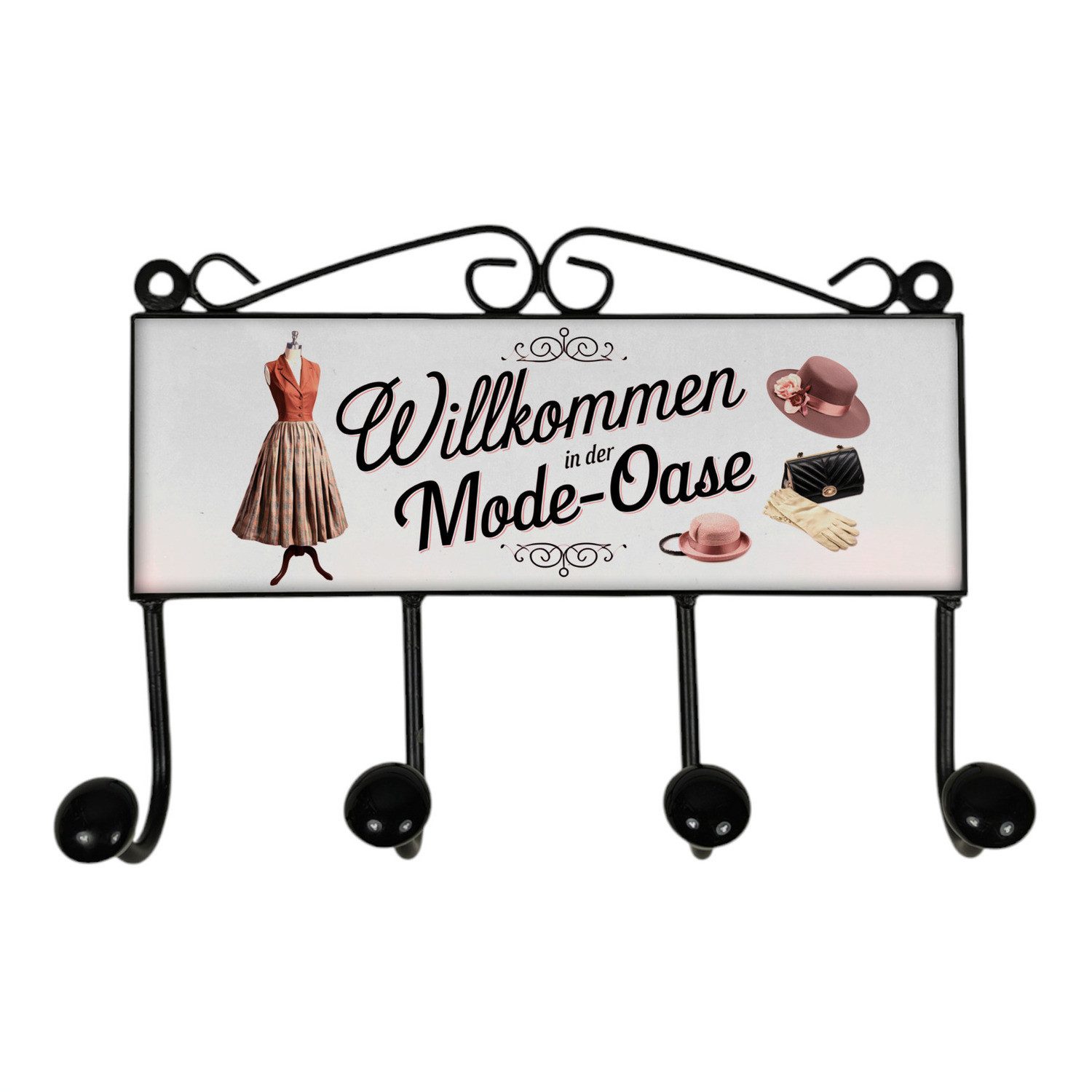 speecheese Garderobenleiste Willkommen in der Mode-Oase Kleiderhaken Leiste mit 4 Haken Vintage