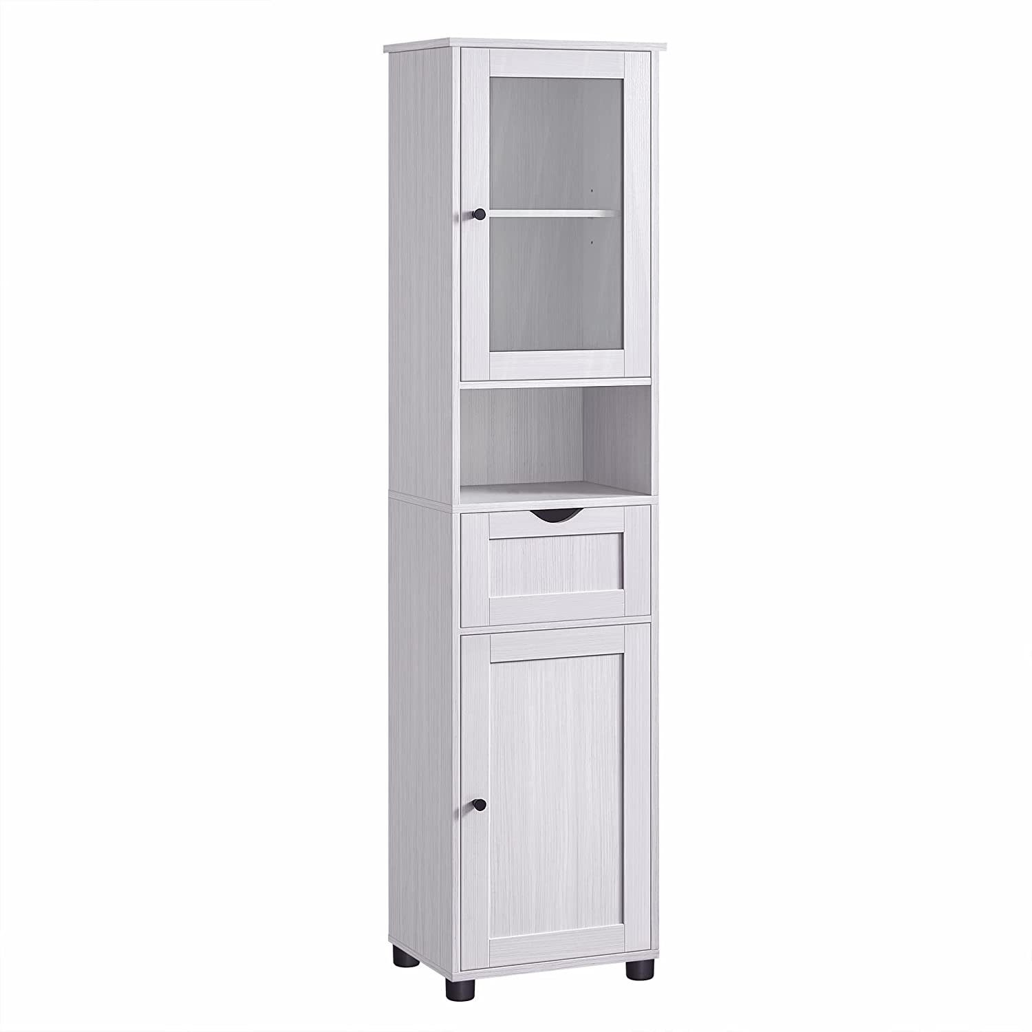 VASAGLE Badkommode Badezimmerschrank Badschrank höhenverstellbare Ablagen, Glastür, schmal, mit Füßen, platzsparend, Hochschrank, offenes Fach